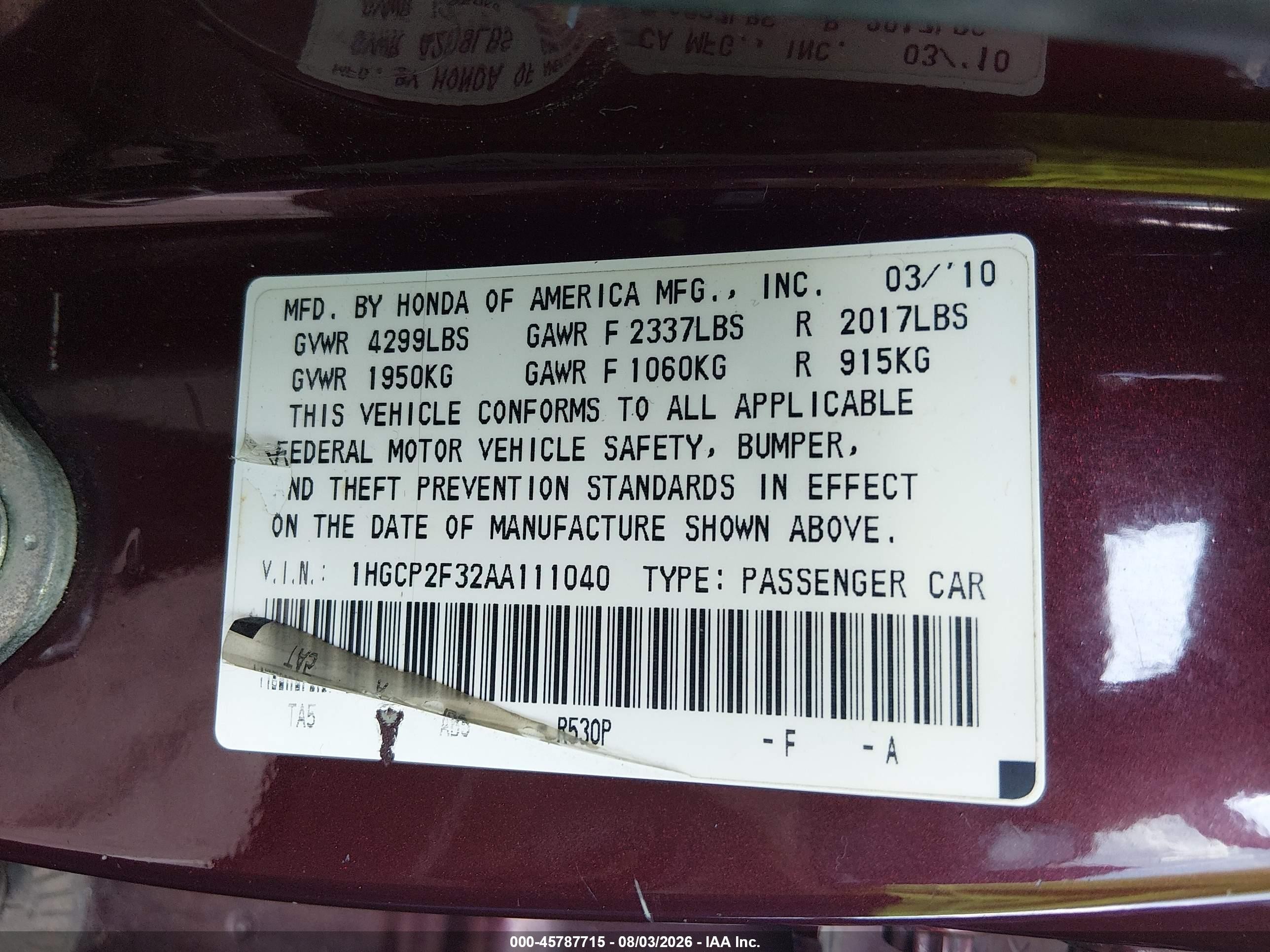 2010 Honda Accord 2.4 Lx Burgundy vin: 1HGCP2F32AA111040