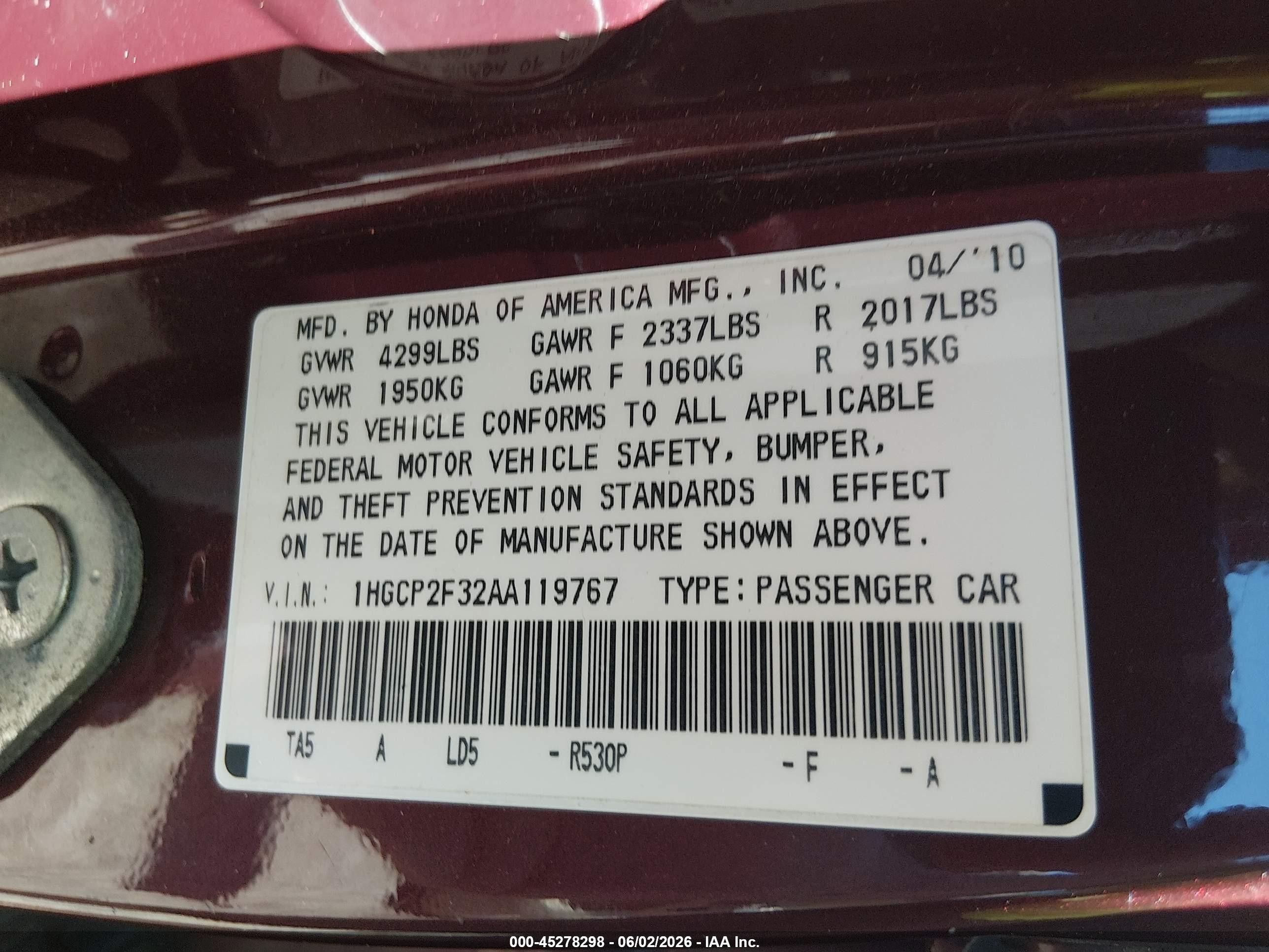 2010 Honda Accord 2.4 Lx Maroon vin: 1HGCP2F32AA119767