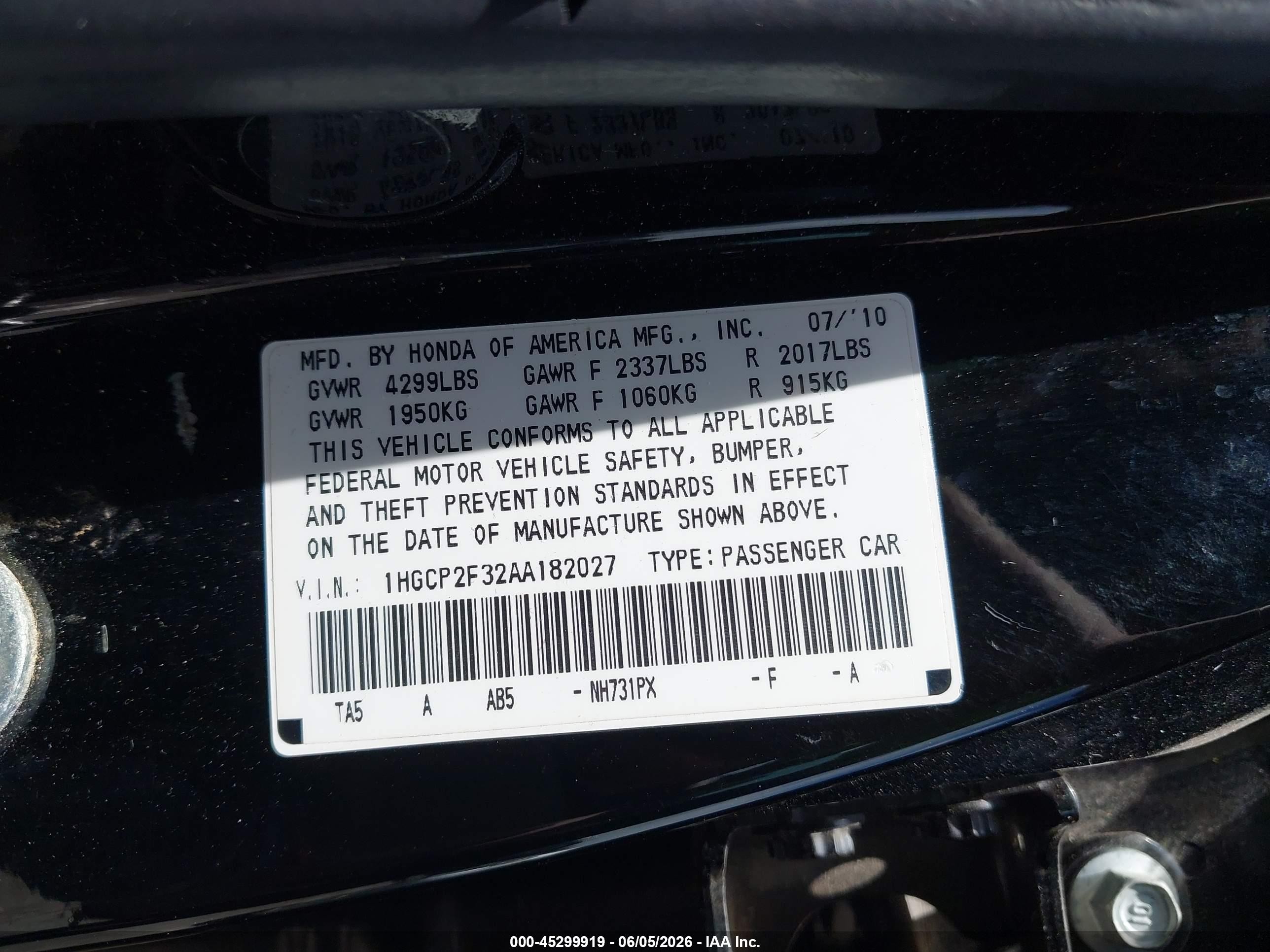 2010 Honda Accord 2.4 Lx Черный vin: 1HGCP2F32AA182027