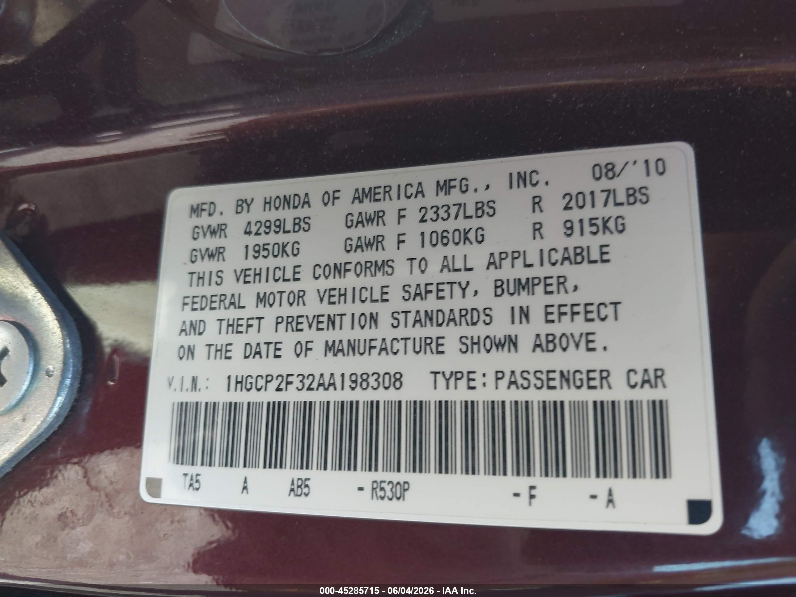 2010 Honda Accord 2.4 Lx Бежевый vin: 1HGCP2F32AA198308