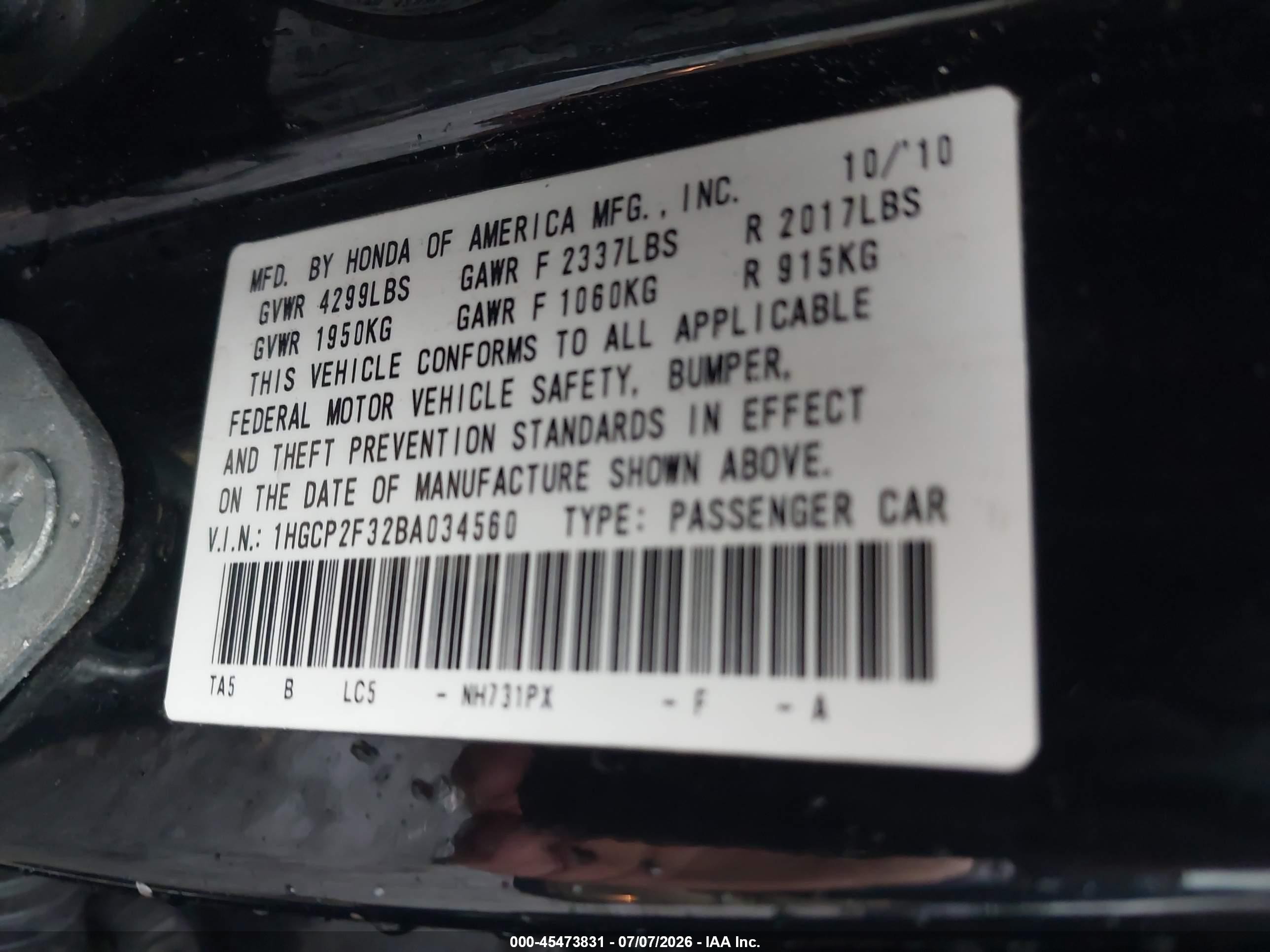 2011 Honda Accord 2.4 Lx Black vin: 1HGCP2F32BA034560