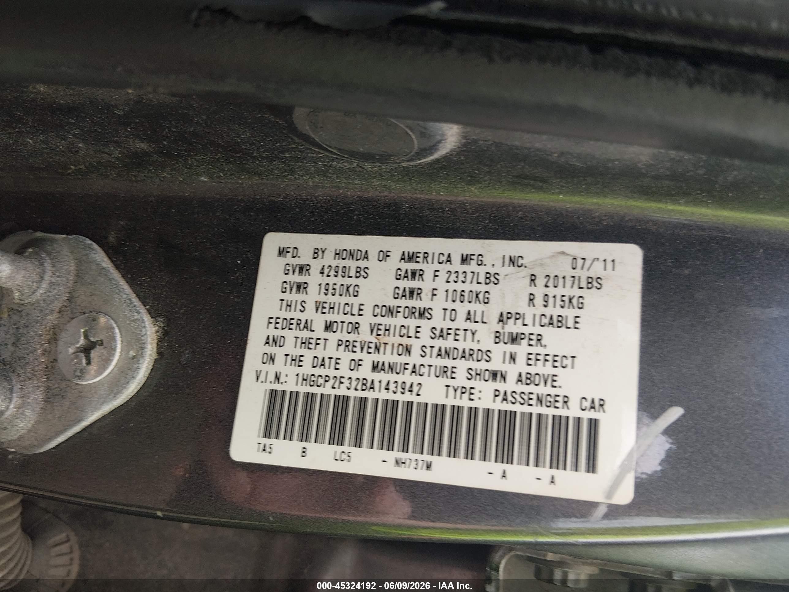 2011 Honda Accord 2.4 Lx Gray vin: 1HGCP2F32BA143942