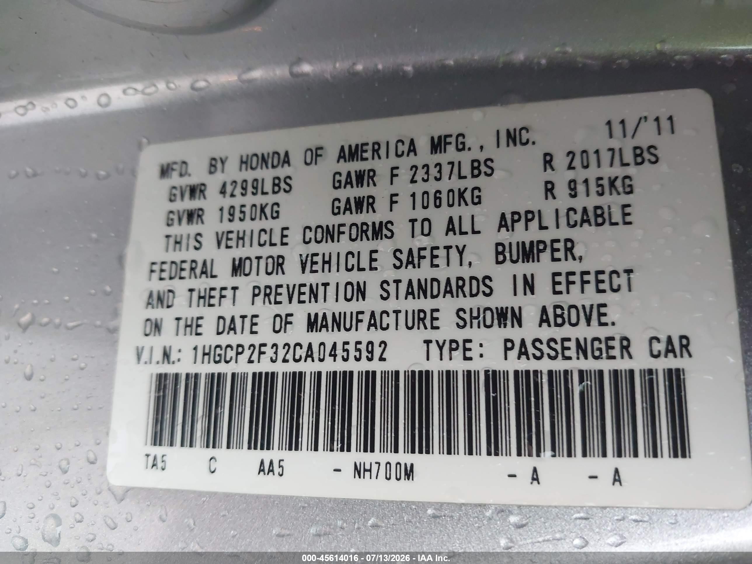 2012 Honda Accord Sdn Lx Silver vin: 1HGCP2F32CA045592