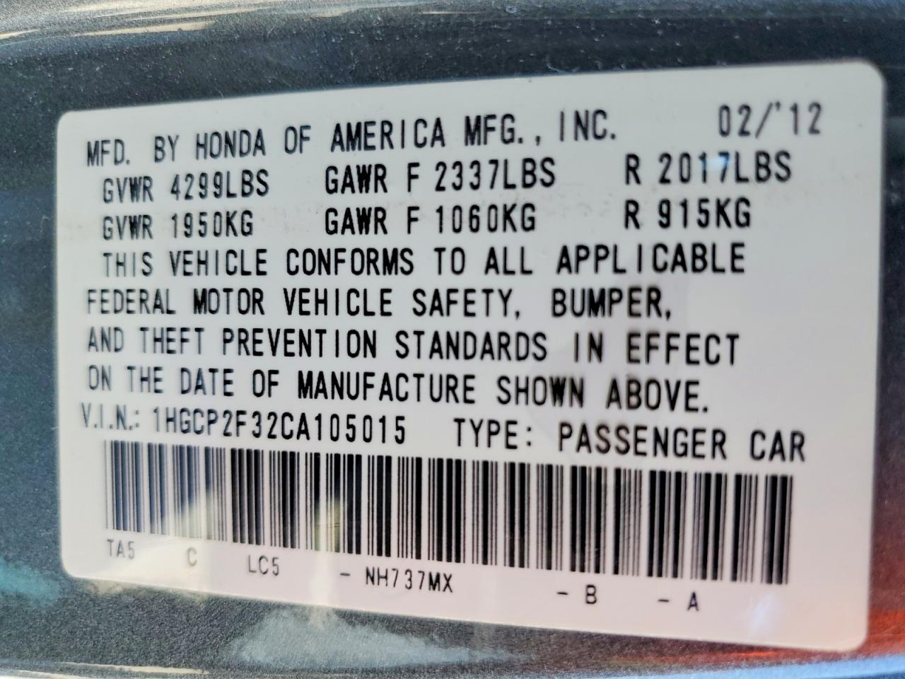2012 Honda Accord Lx Gray vin: 1HGCP2F32CA105015