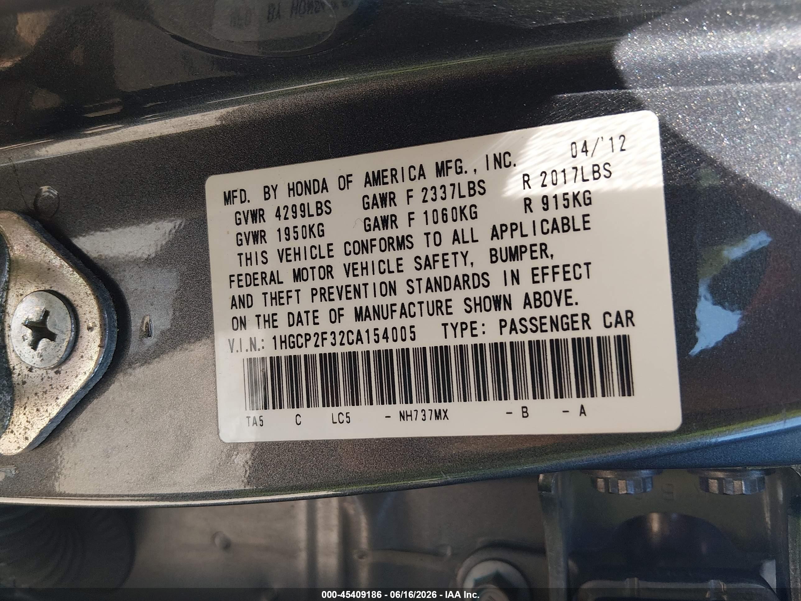 2012 Honda Accord 2.4 Lx Gray vin: 1HGCP2F32CA154005