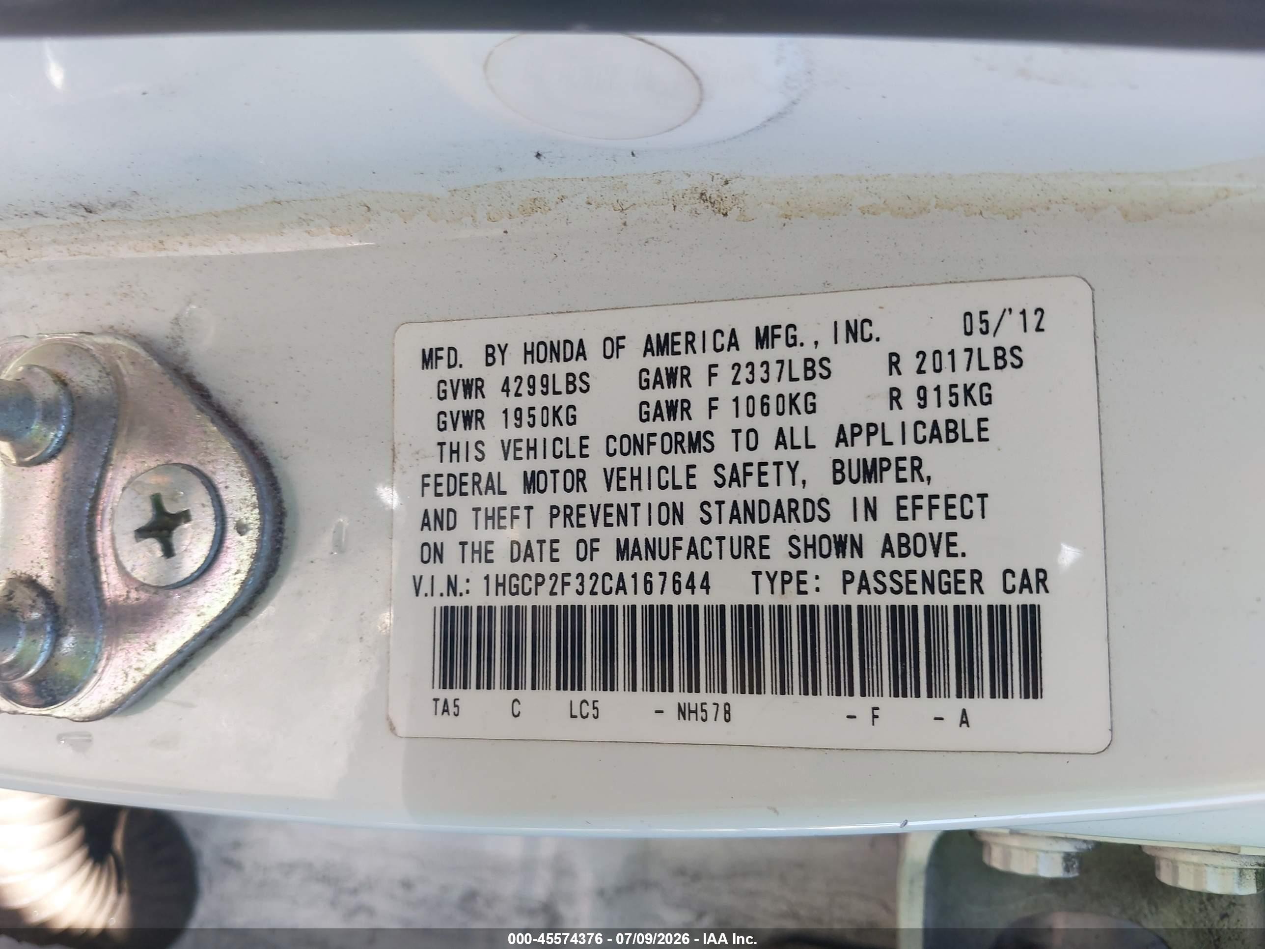 2012 Honda Accord Sdn Lx White vin: 1HGCP2F32CA167644