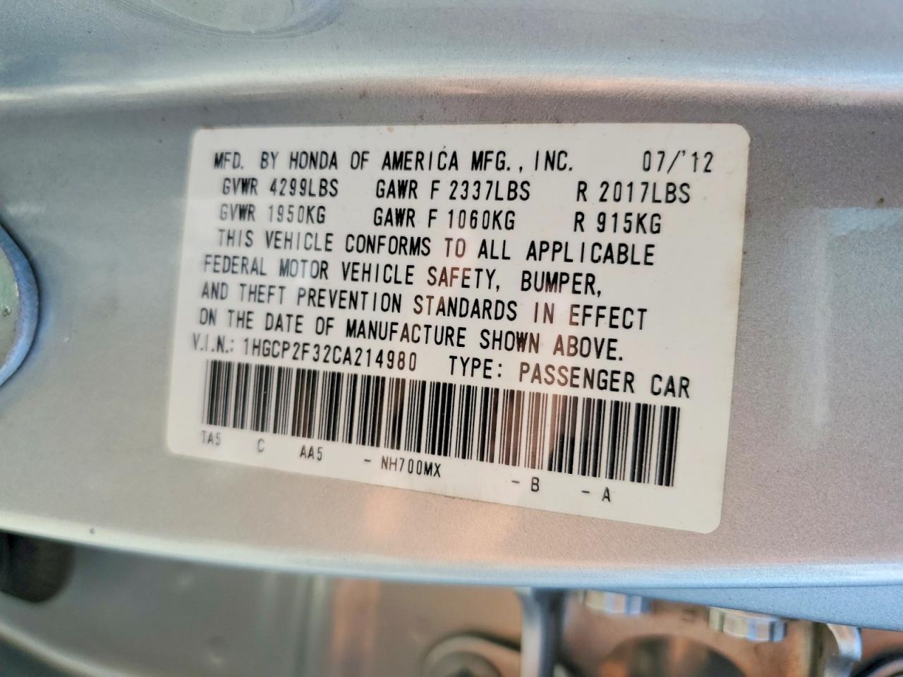 2012 Honda Accord Lx Silver vin: 1HGCP2F32CA214980