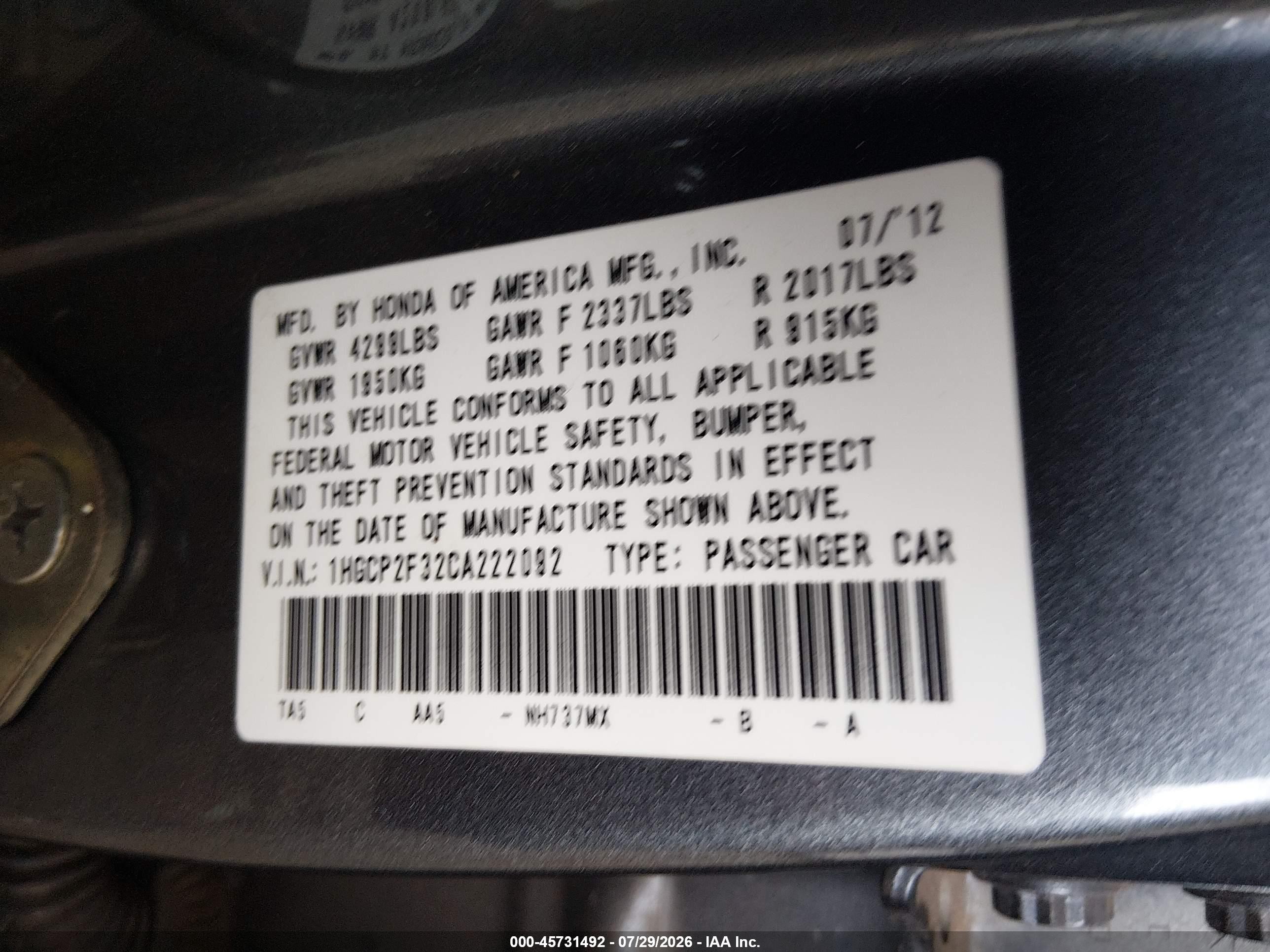 2012 Honda Accord Sdn Lx Gray vin: 1HGCP2F32CA222092