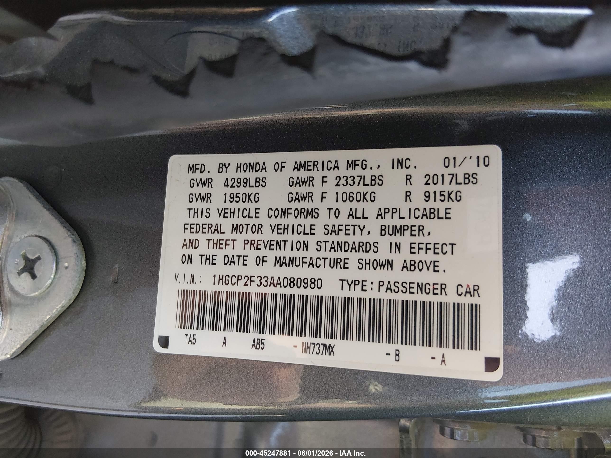 2010 Honda Accord 2.4 Lx Gray vin: 1HGCP2F33AA080980