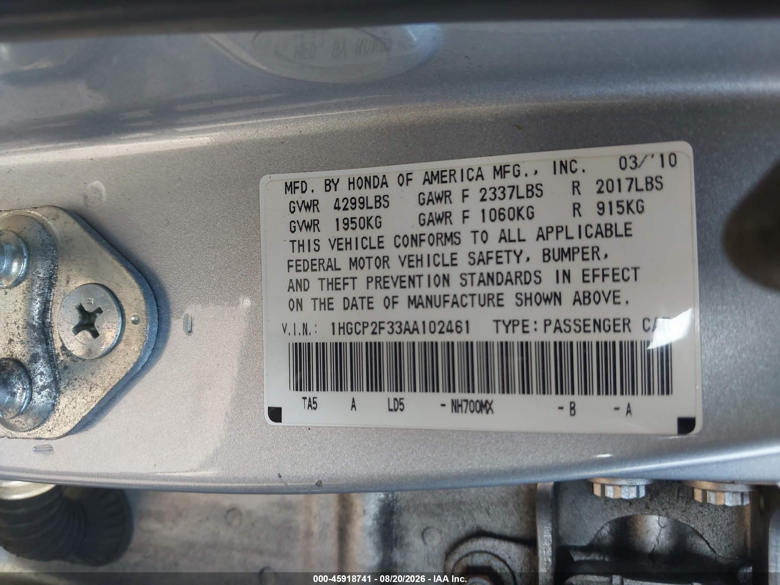 2010 Honda Accord 2.4 Lx Silver vin: 1HGCP2F33AA102461