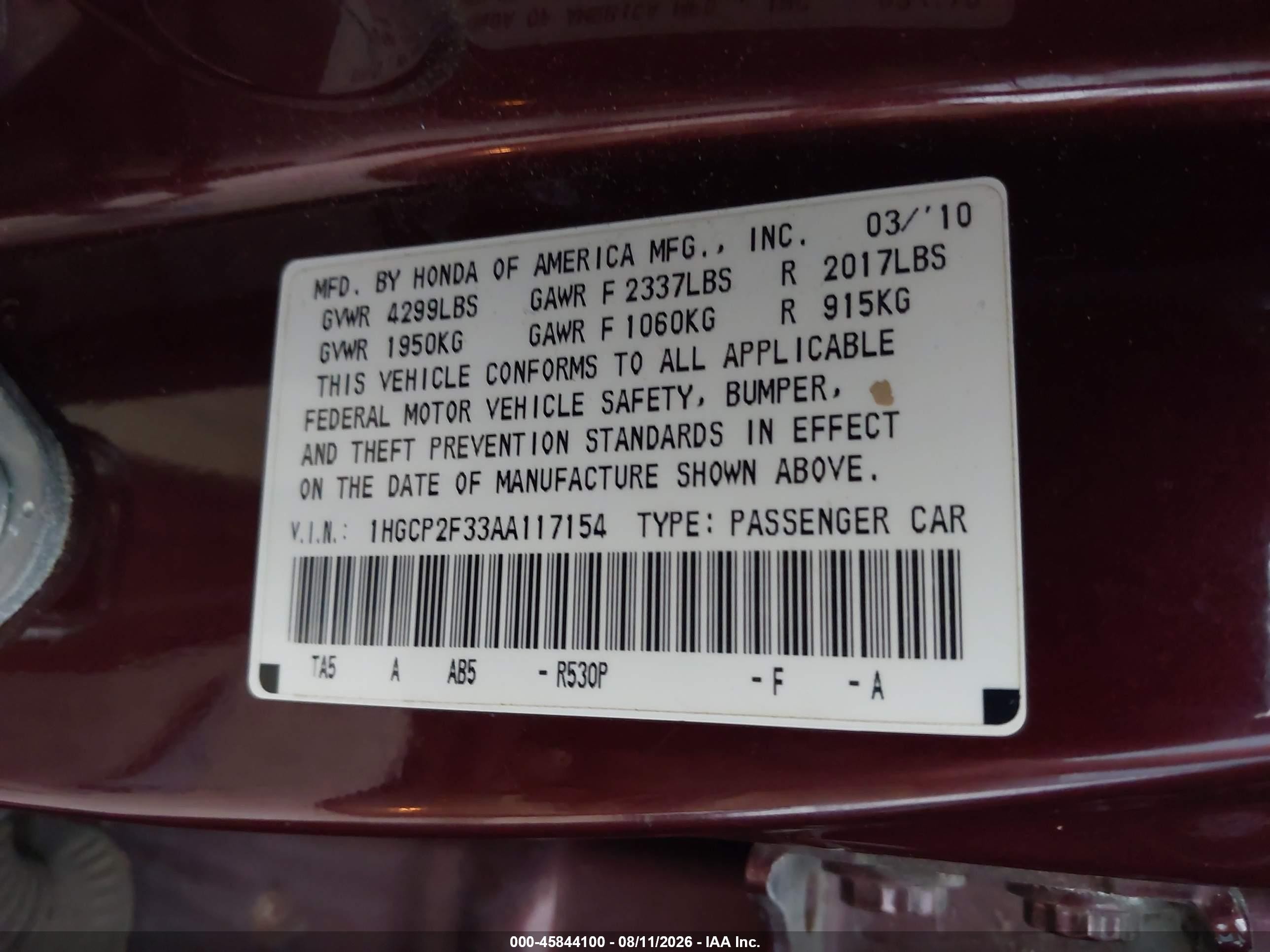 2010 Honda Accord 2.4 Lx Maroon vin: 1HGCP2F33AA117154