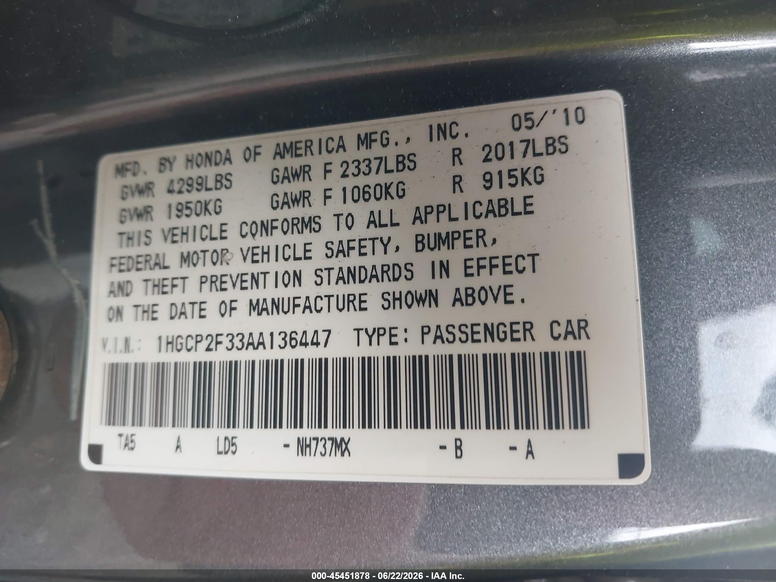 2010 Honda Accord 2.4 Lx Gray vin: 1HGCP2F33AA136447