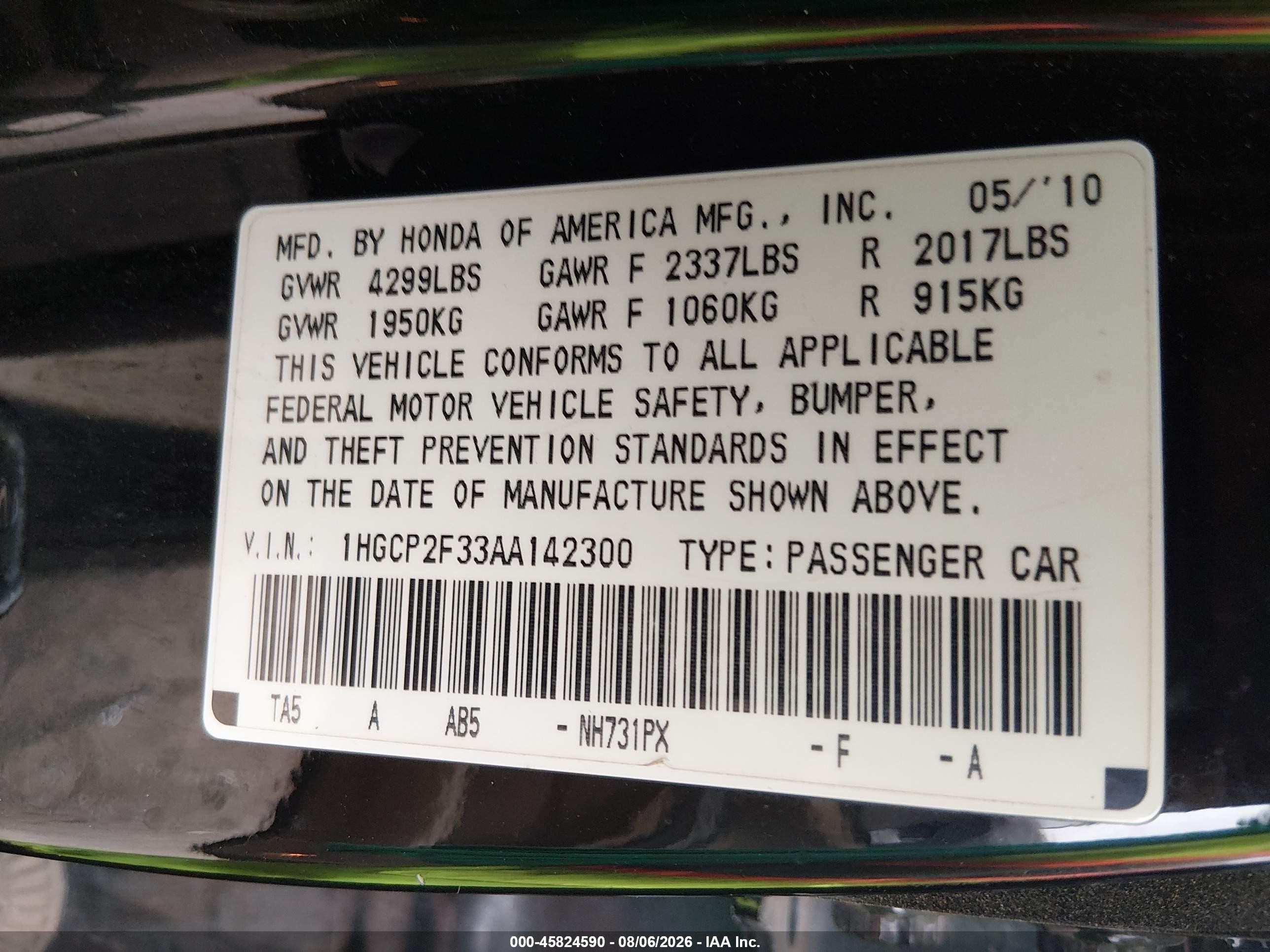 2010 Honda Accord 2.4 Lx Black vin: 1HGCP2F33AA142300