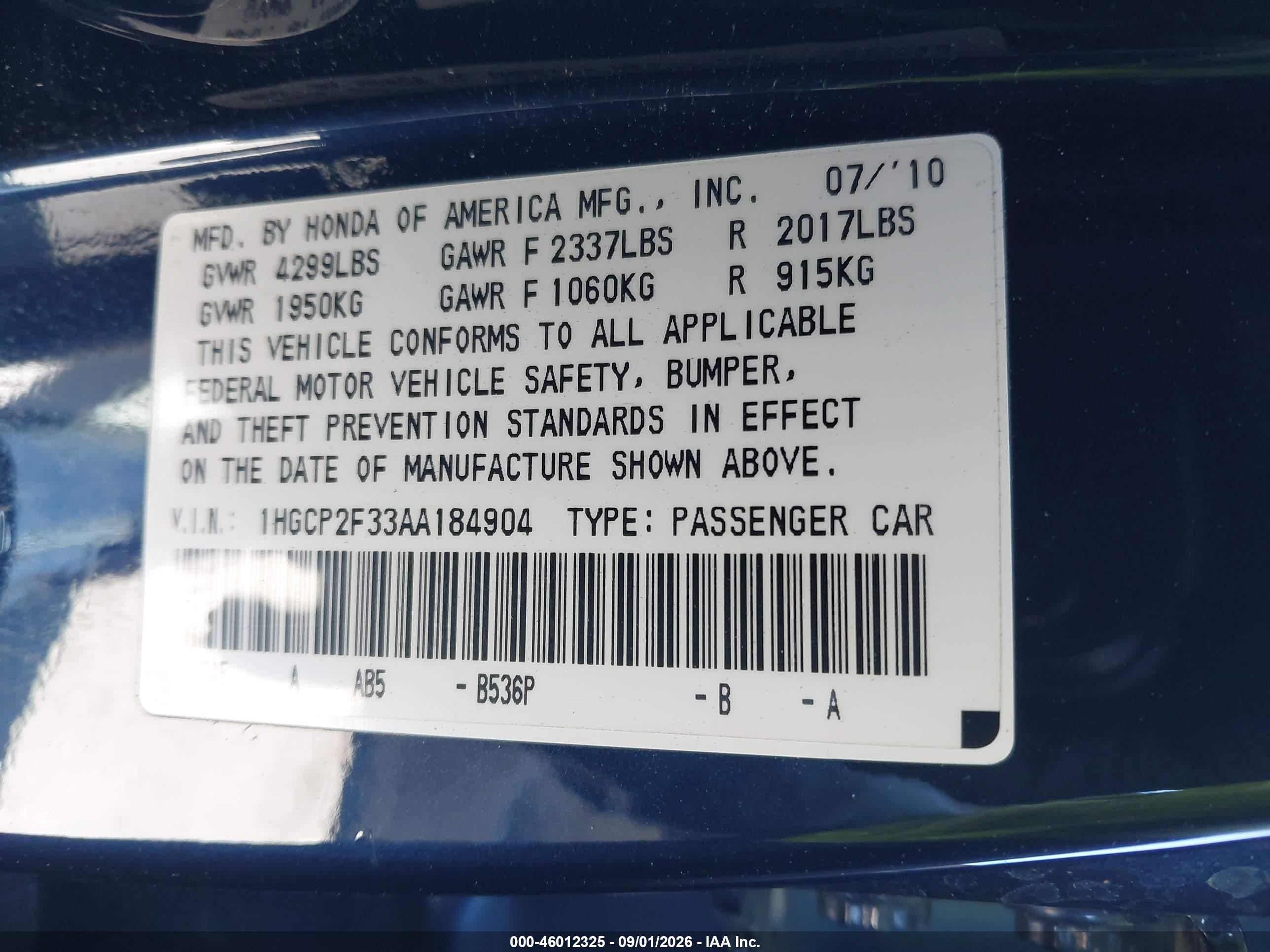 2010 Honda Accord 2.4 Lx Dark Blue vin: 1HGCP2F33AA184904