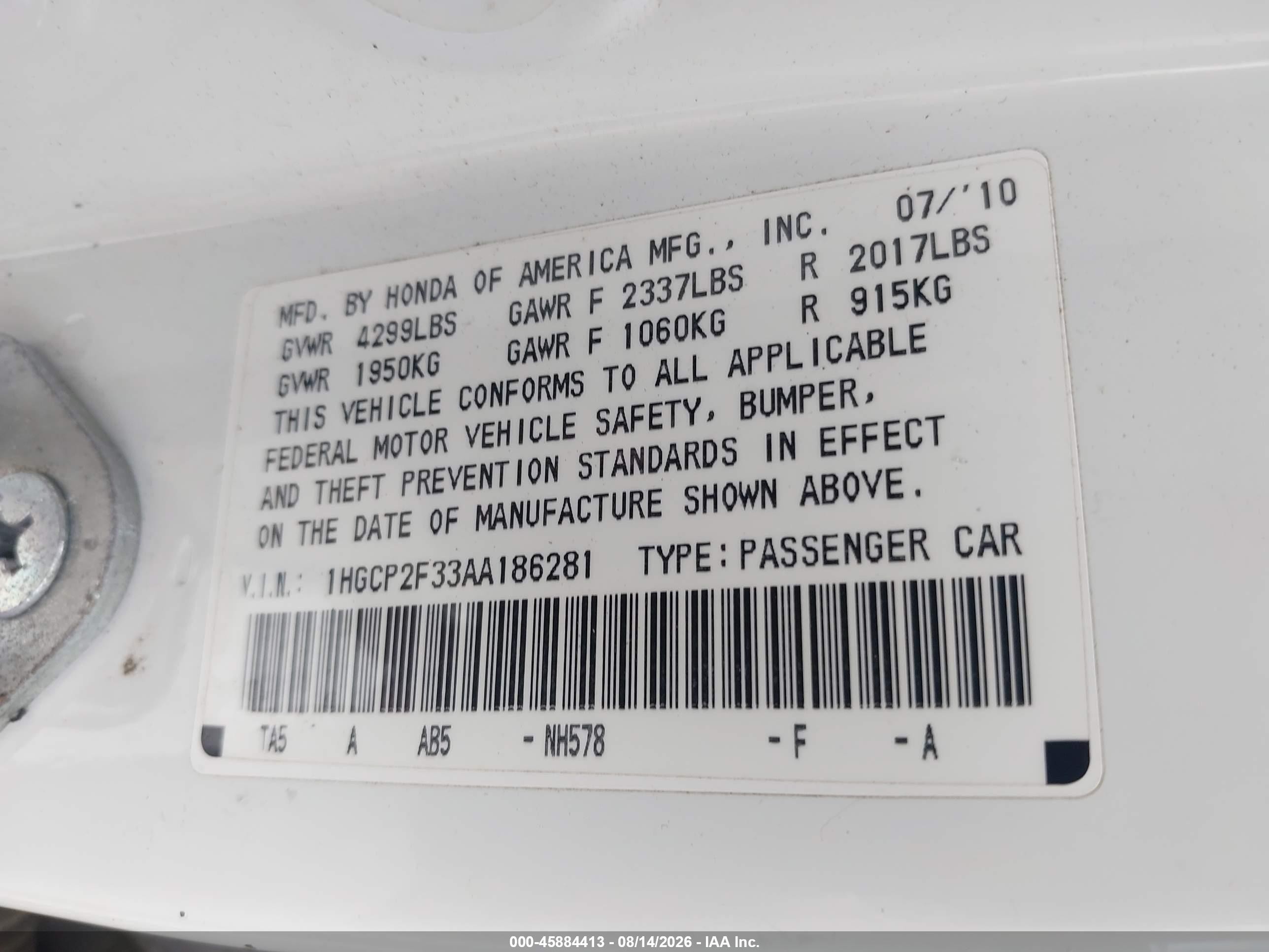 2010 Honda Accord 2.4 Lx Белый vin: 1HGCP2F33AA186281