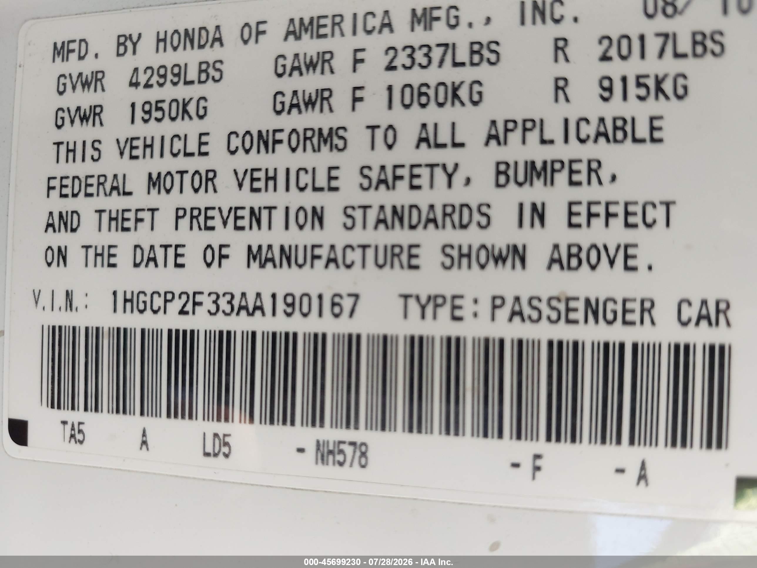 2010 Honda Accord 2.4 Lx White vin: 1HGCP2F33AA190167