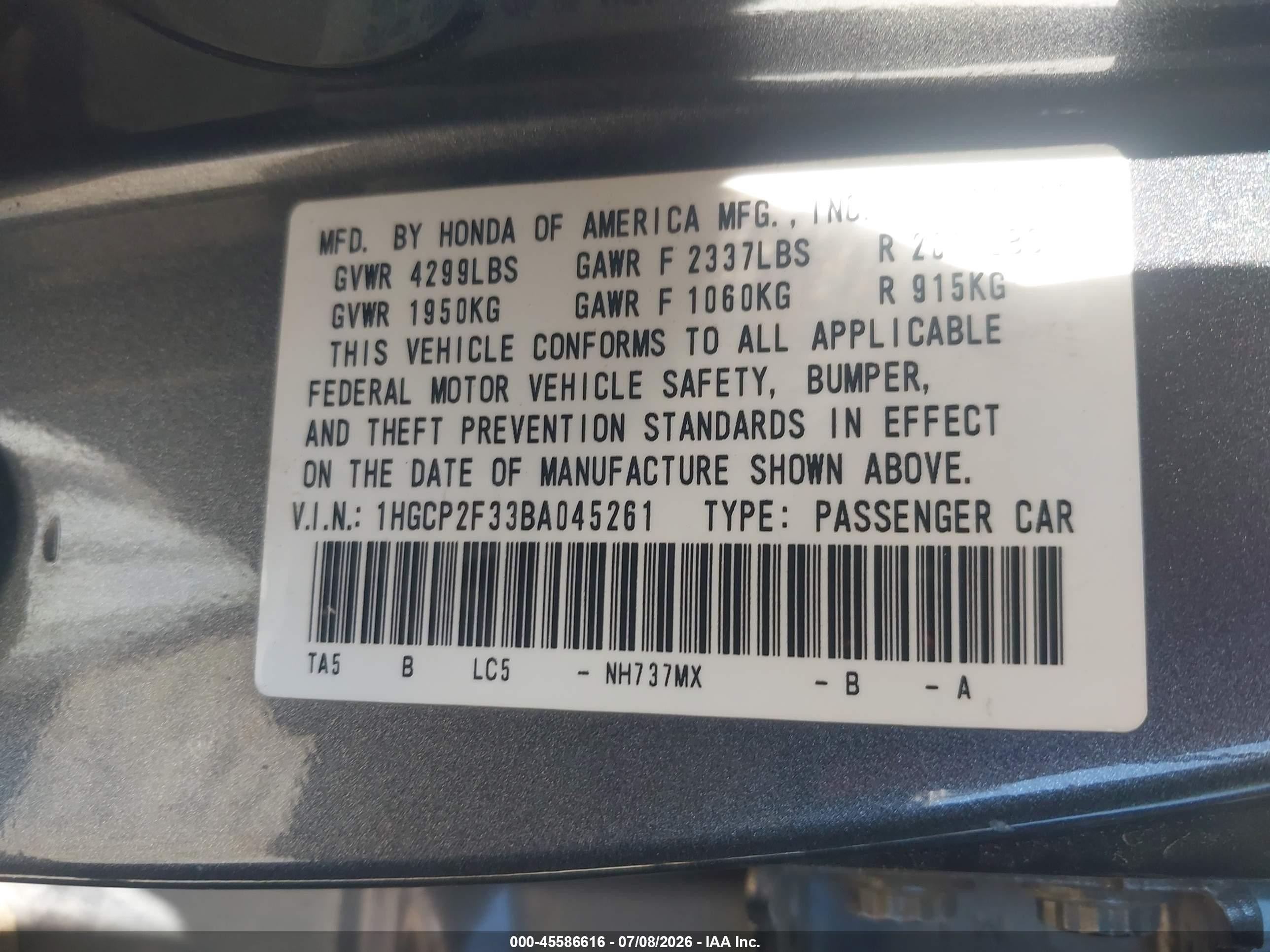 2011 Honda Accord 2.4 Lx Gray vin: 1HGCP2F33BA045261