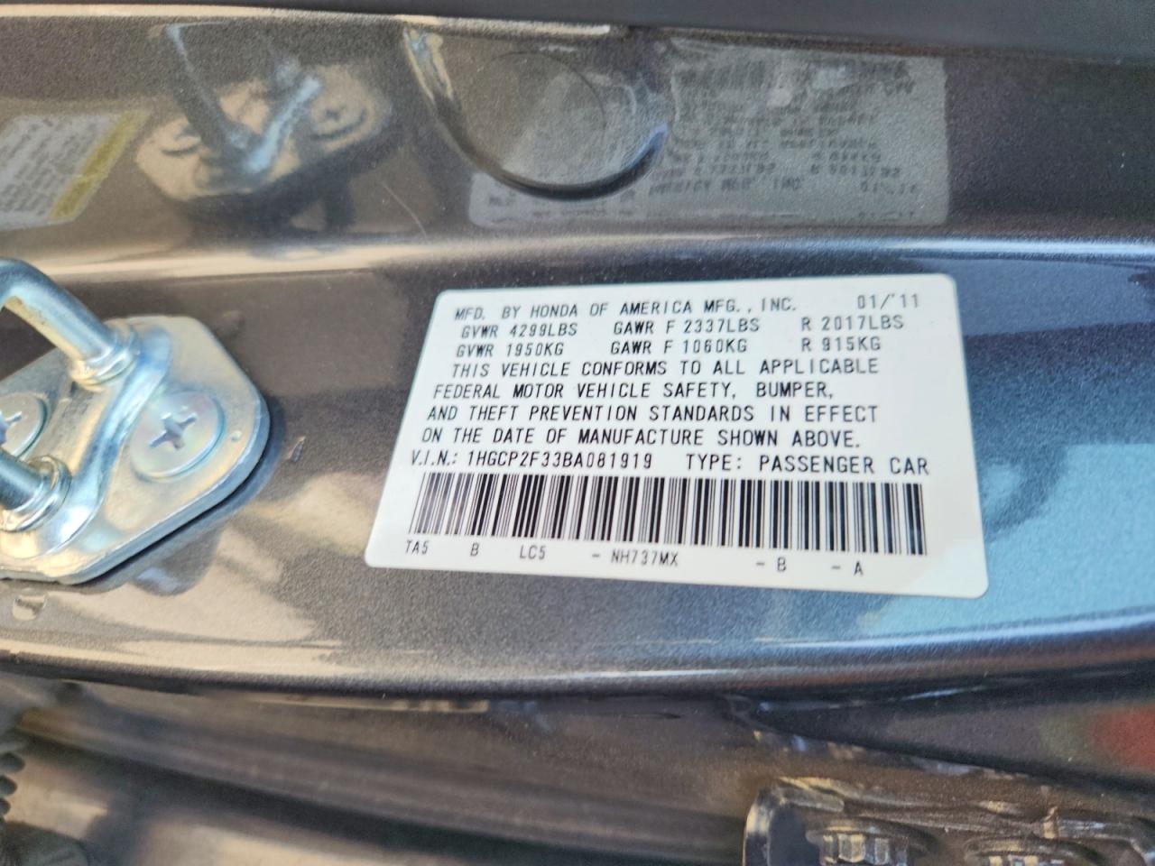 2011 Honda Accord Lx Gray vin: 1HGCP2F33BA081919