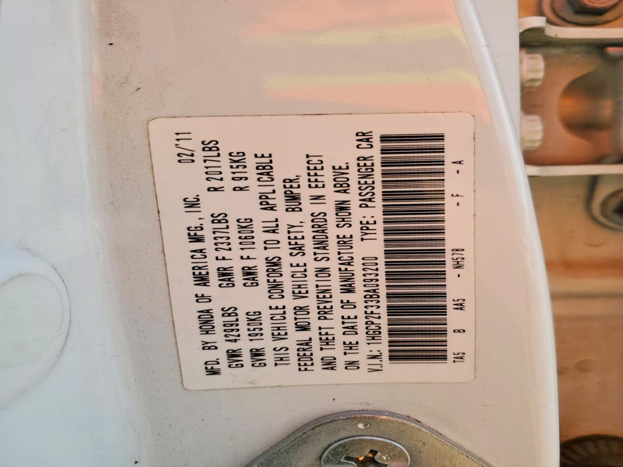 2011 Honda Accord Lx White vin: 1HGCP2F33BA093200
