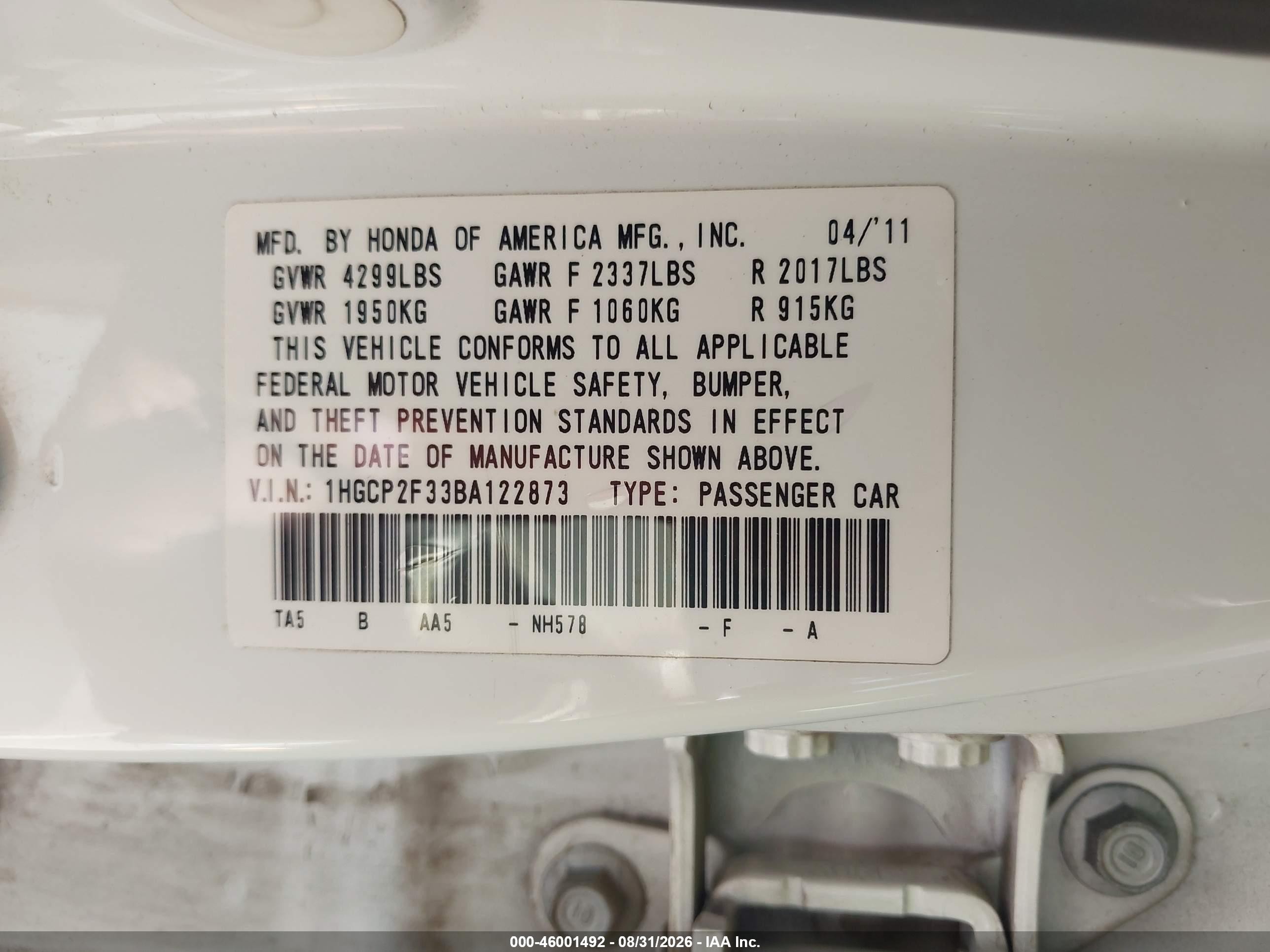 2011 Honda Accord 2.4 Lx White vin: 1HGCP2F33BA122873
