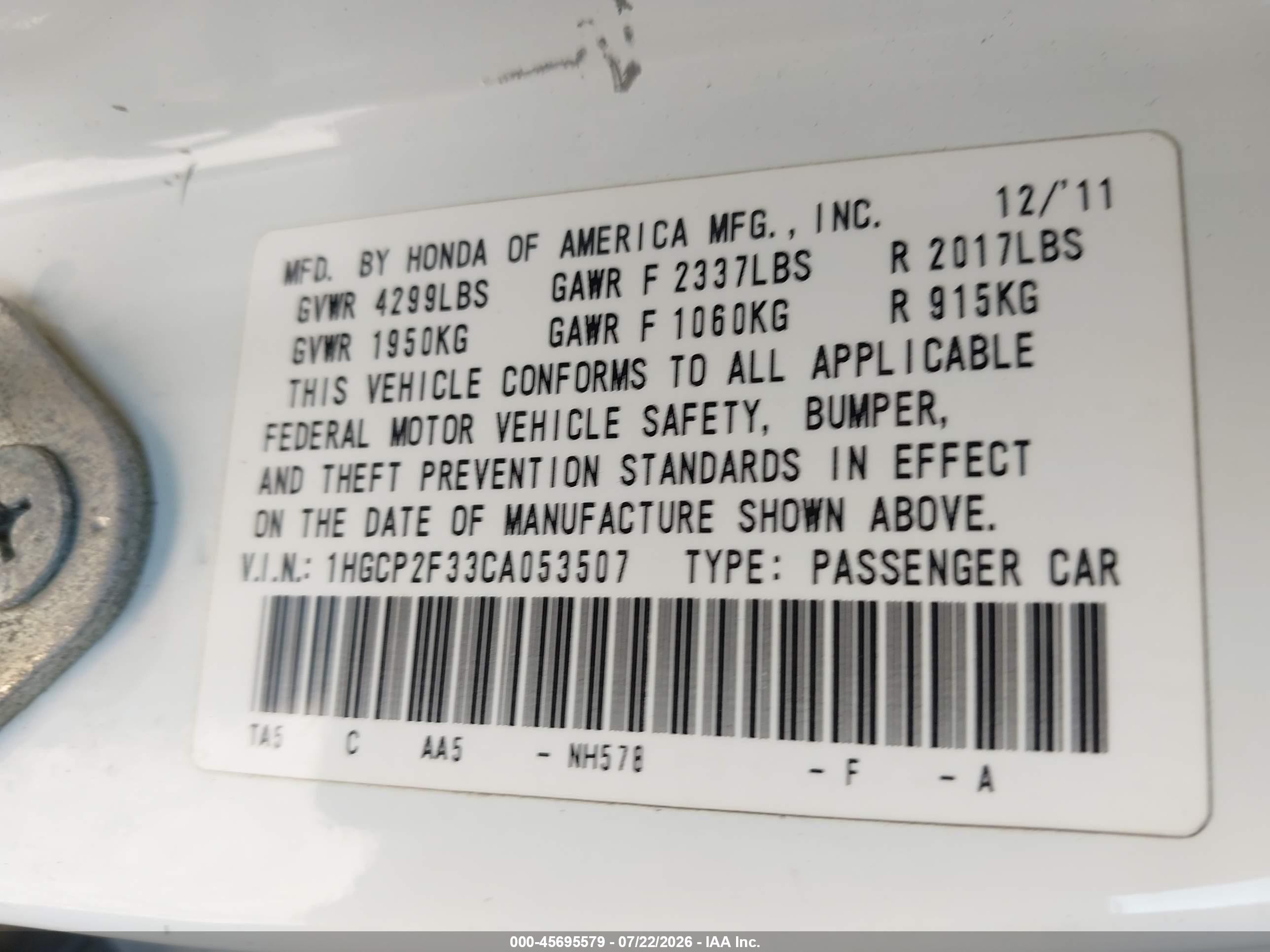 2012 Honda Accord Sdn Lx White vin: 1HGCP2F33CA053507