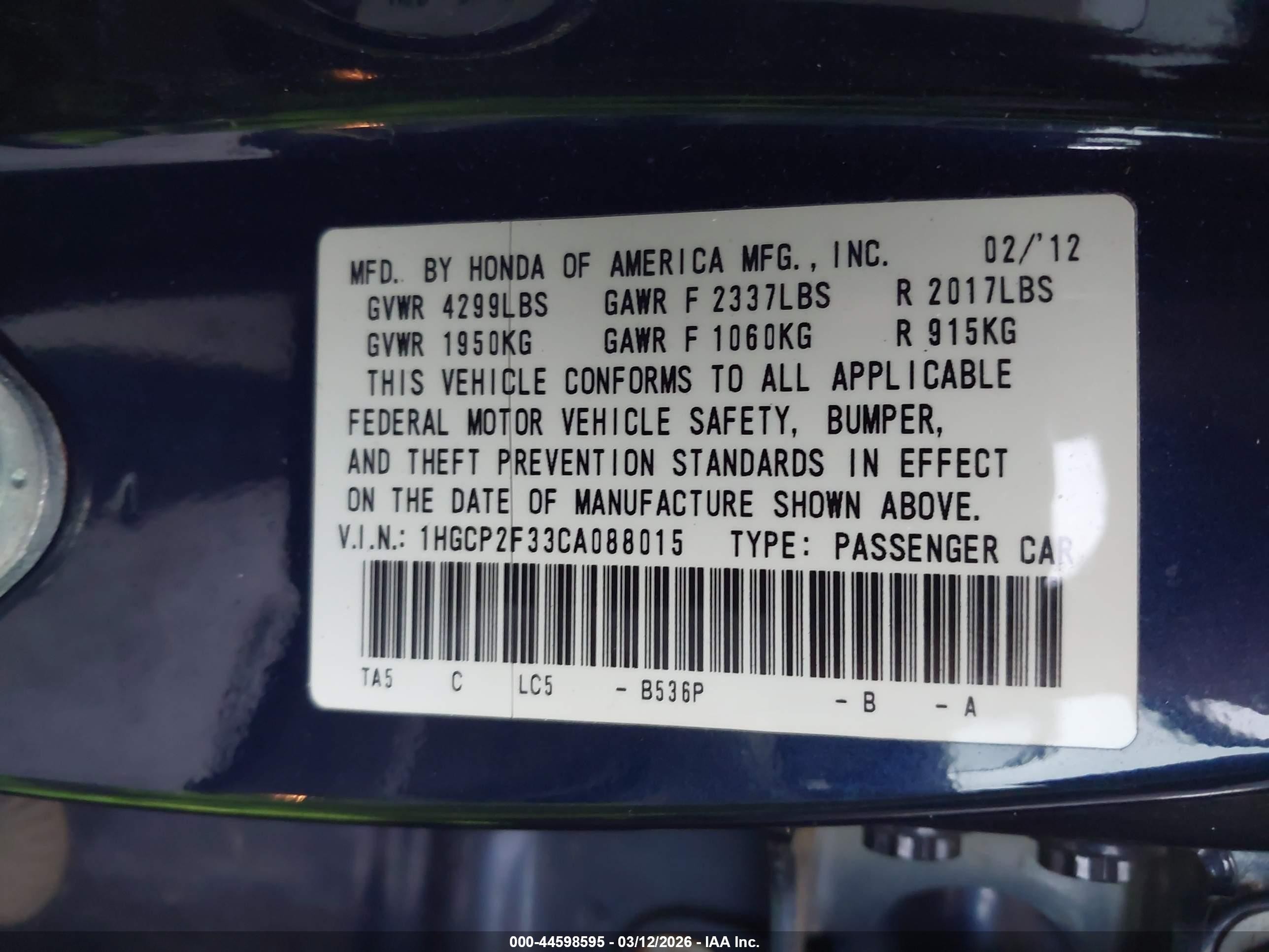 2012 Honda Accord 2.4 Lx Dark Blue vin: 1HGCP2F33CA088015