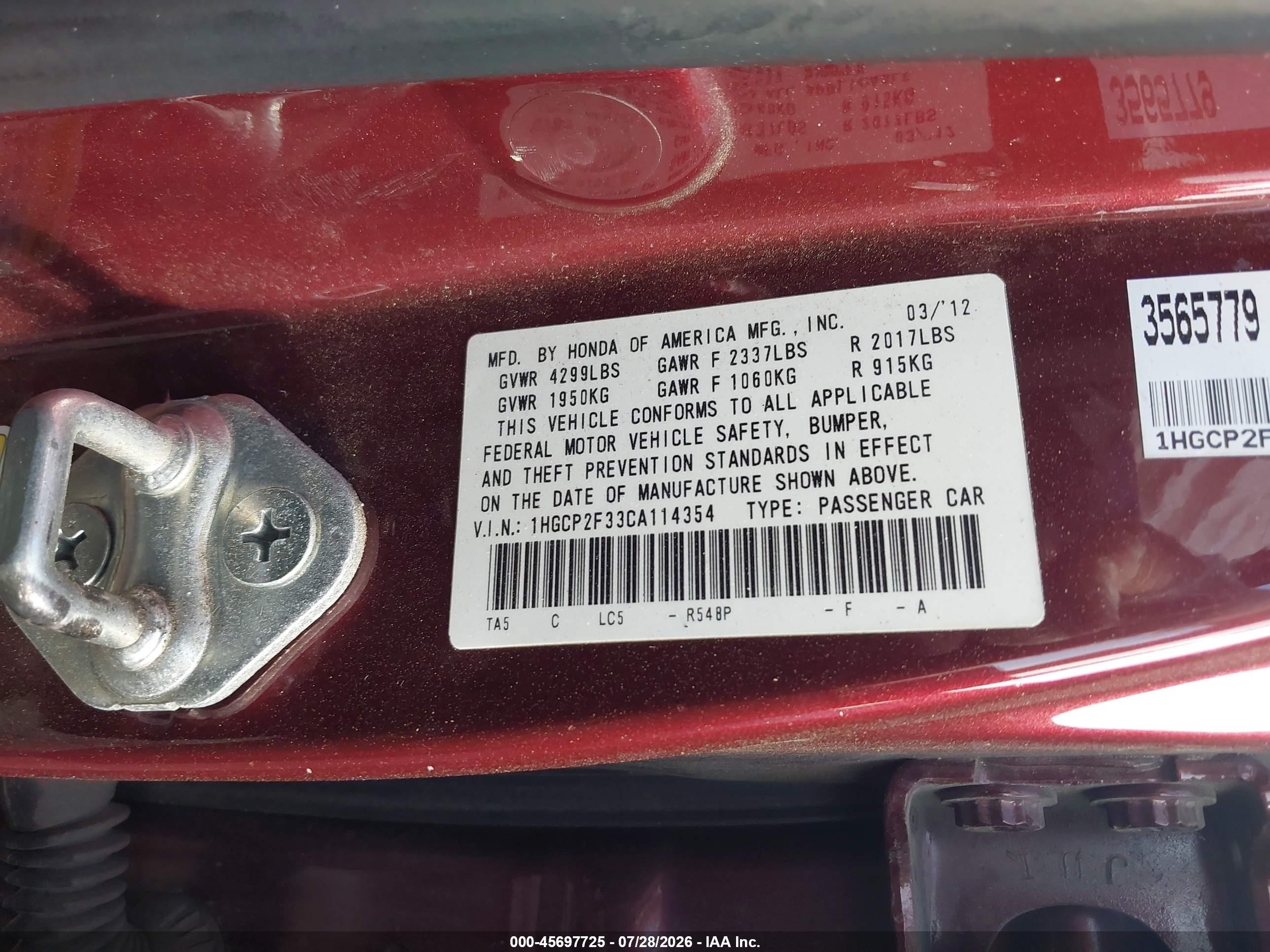 2012 Honda Accord Sdn Lx Burgundy vin: 1HGCP2F33CA114354