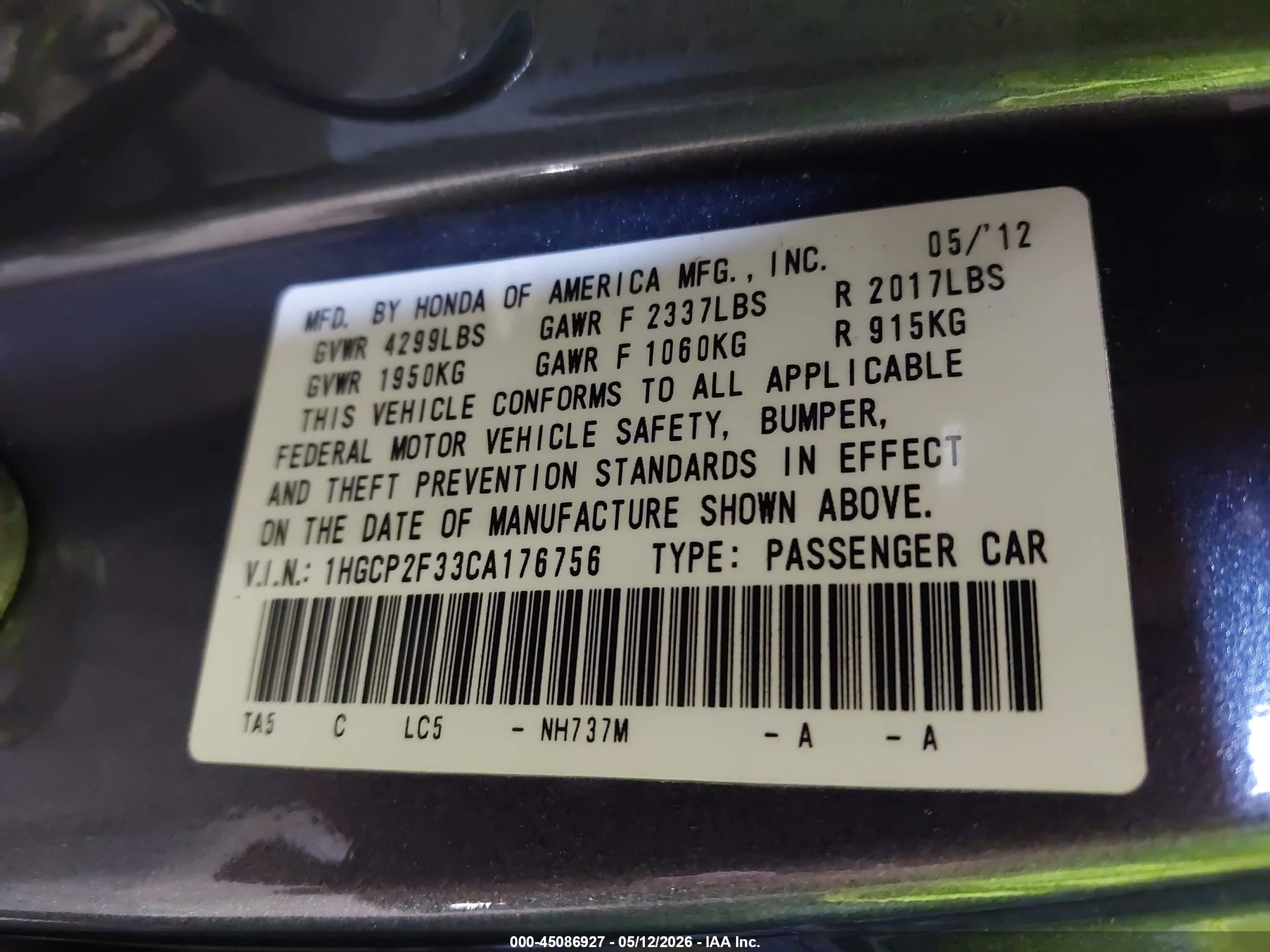 2012 Honda Accord 2.4 Lx Gray vin: 1HGCP2F33CA176756