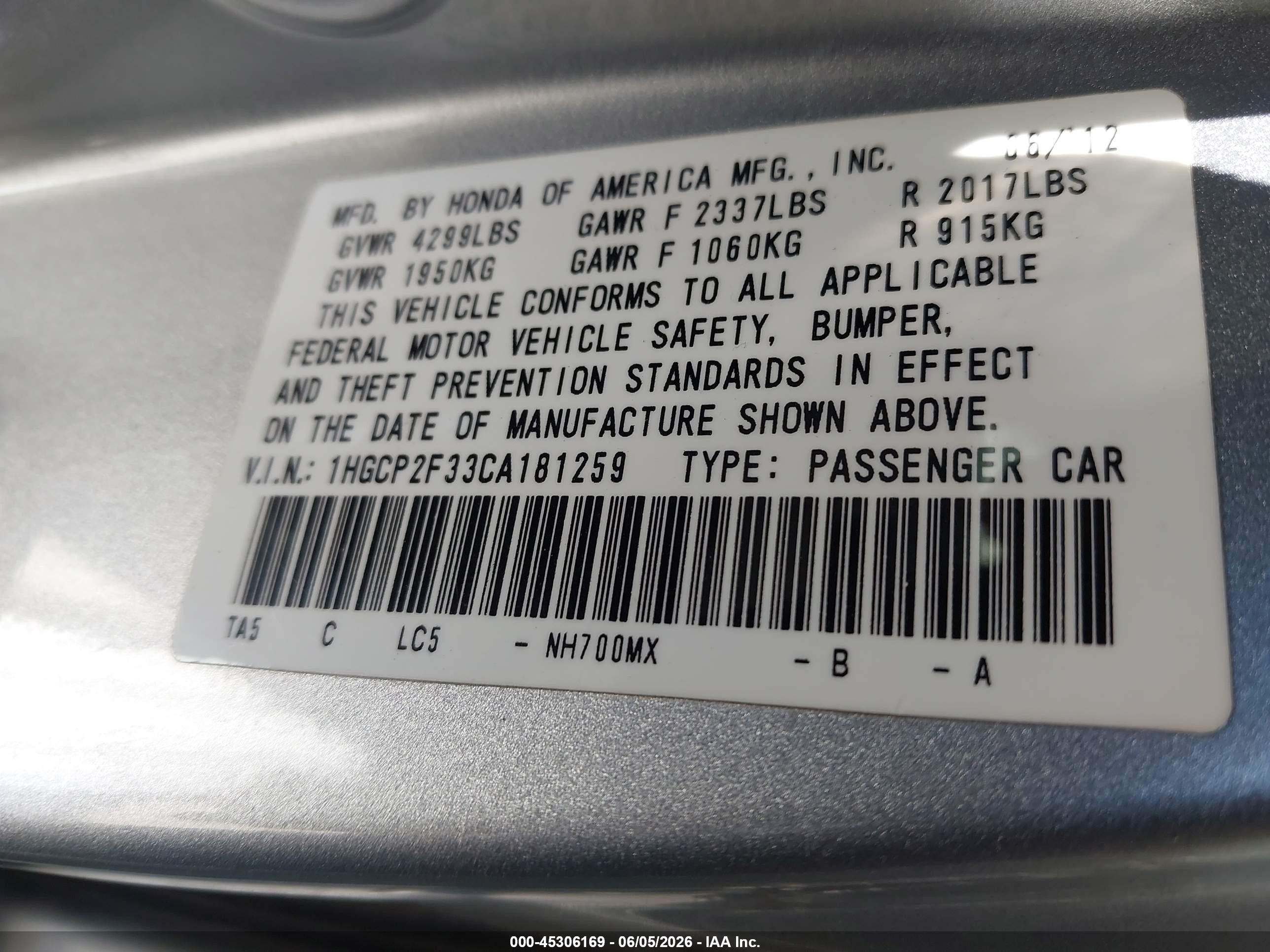 2012 Honda Accord 2.4 Lx Gray vin: 1HGCP2F33CA181259