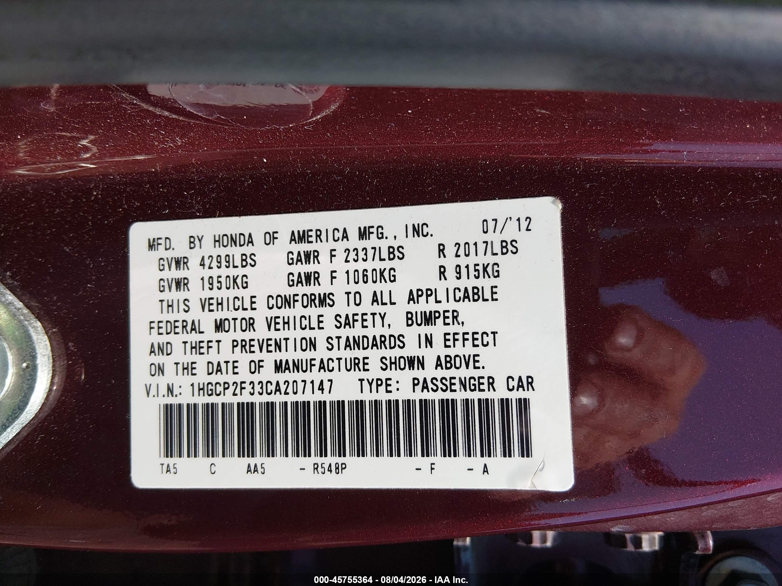 2012 Honda Accord Sdn Lx Maroon vin: 1HGCP2F33CA207147