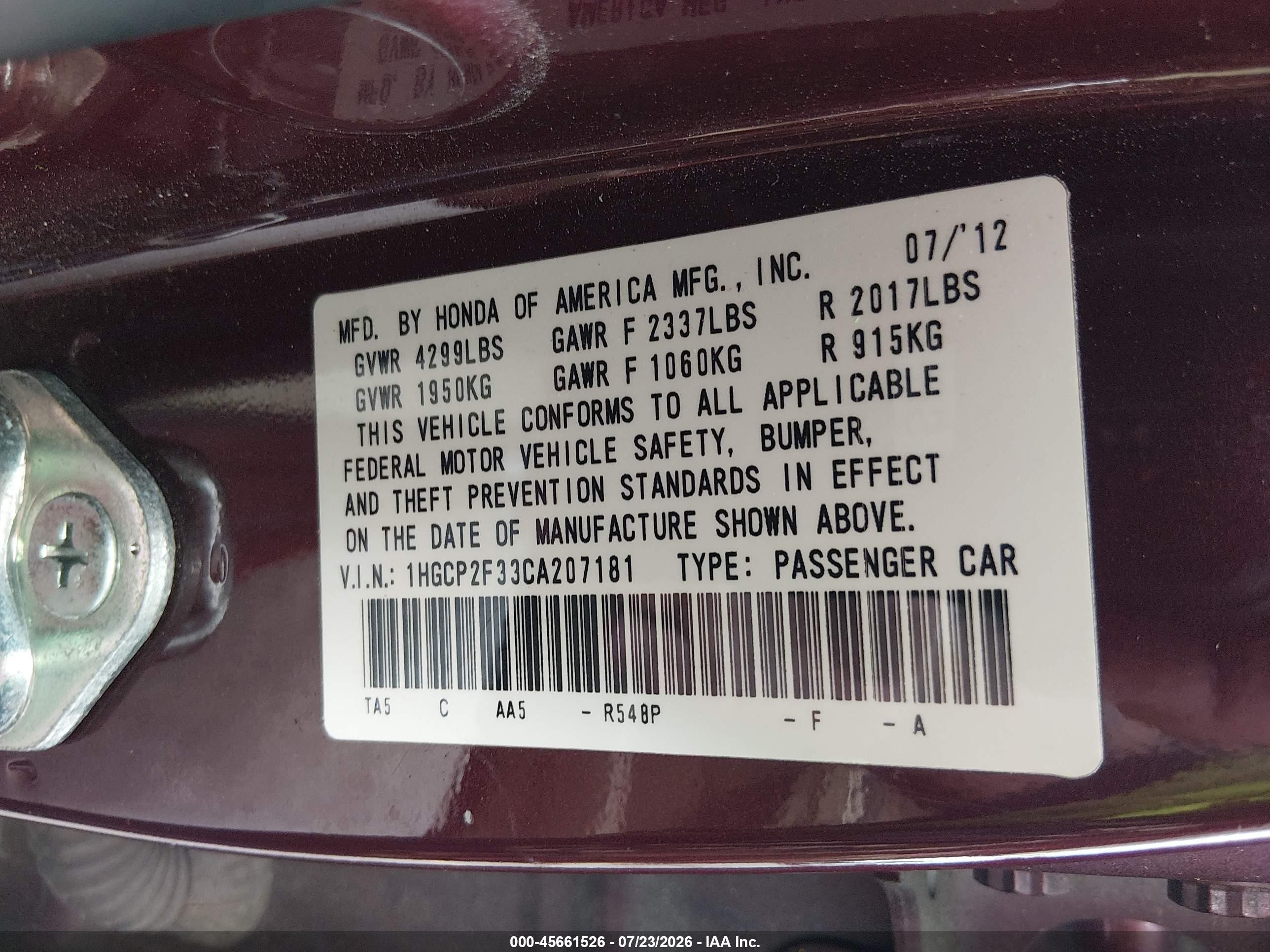2012 Honda Accord Sdn Lx Красный vin: 1HGCP2F33CA207181