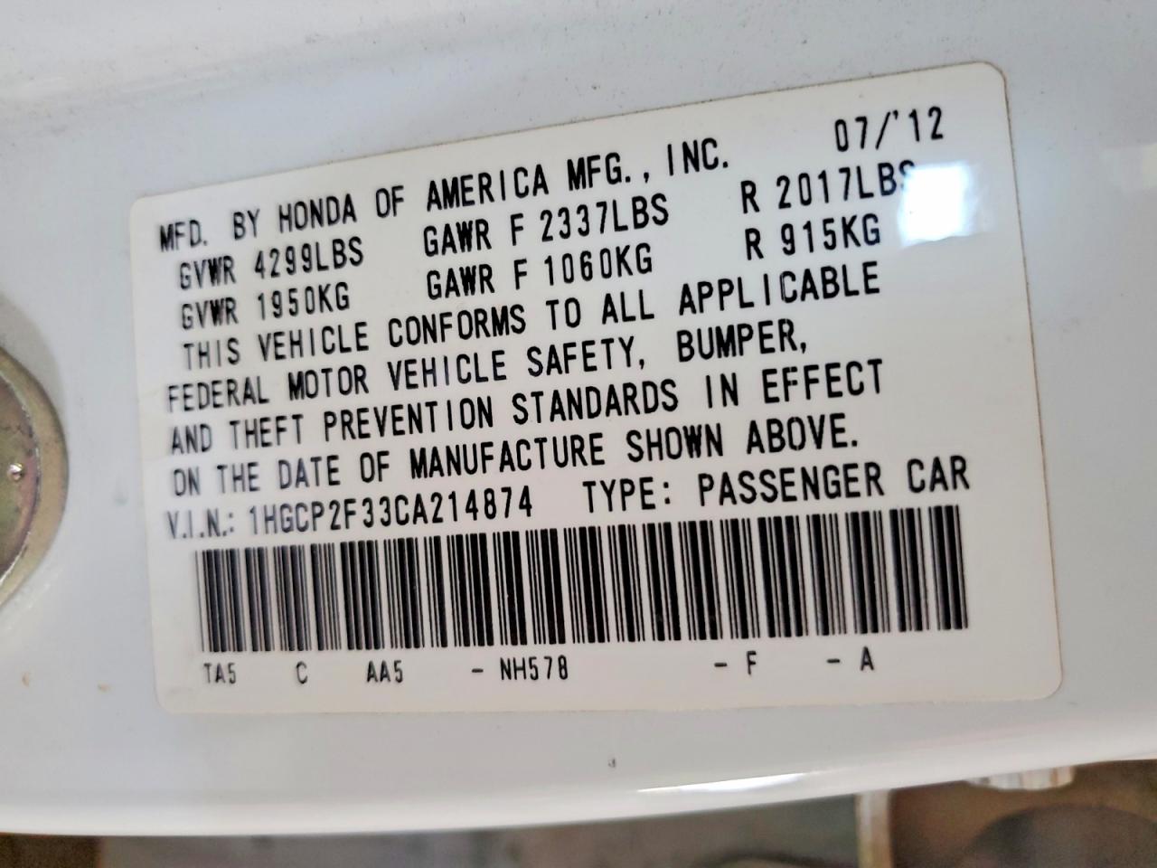 2012 Honda Accord Lx White vin: 1HGCP2F33CA214874