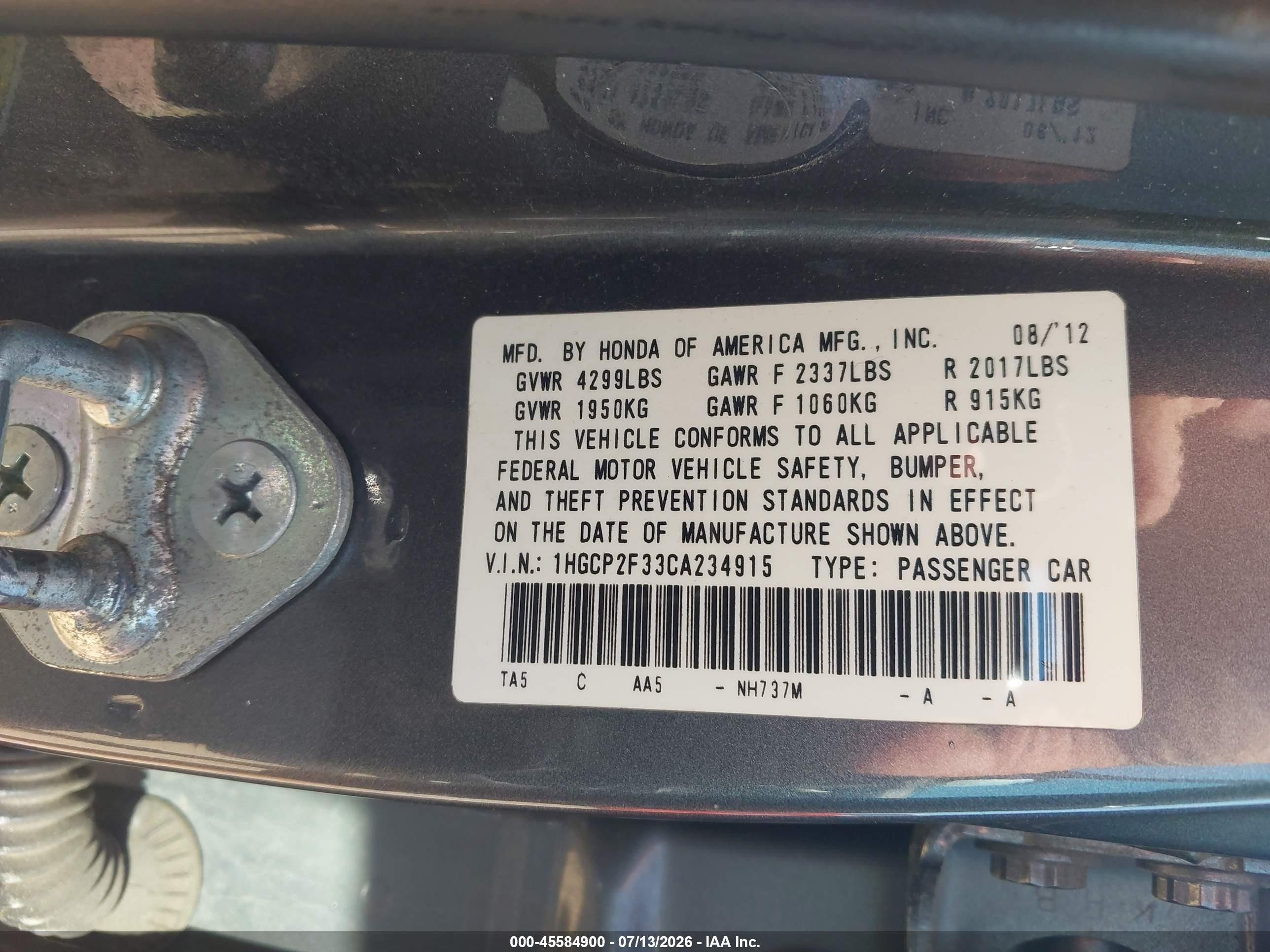 2012 Honda Accord Sdn Lx Gray vin: 1HGCP2F33CA234915