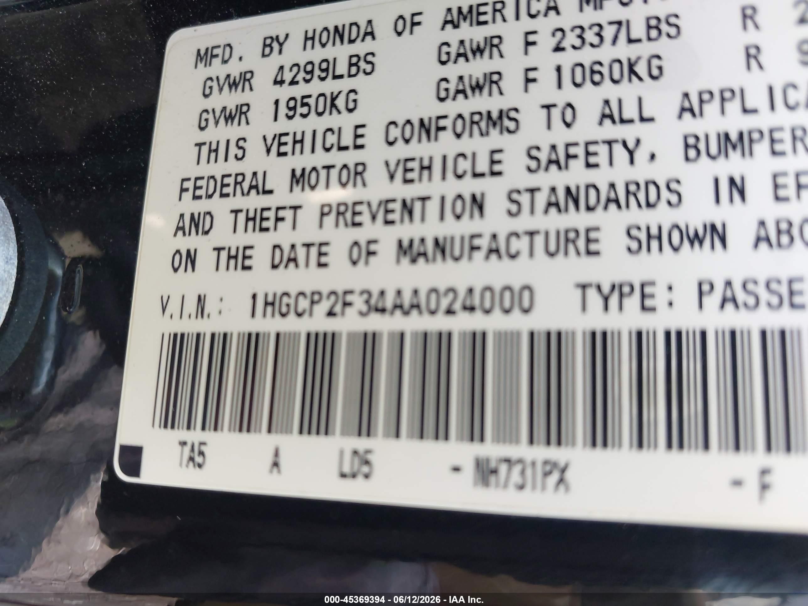2010 Honda Accord 2.4 Lx Black vin: 1HGCP2F34AA024000
