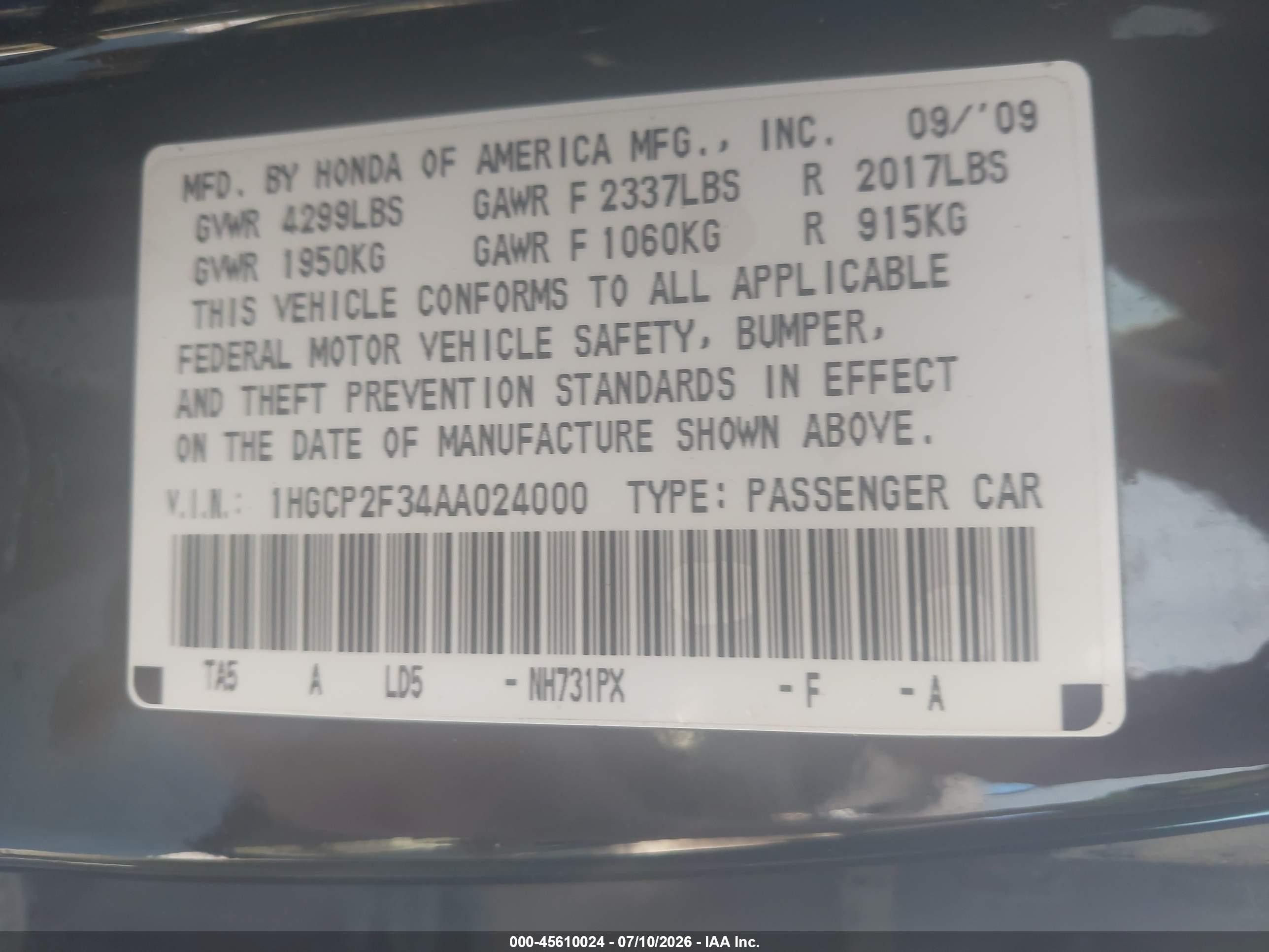 2010 Honda Accord 2.4 Lx Black vin: 1HGCP2F34AA024000