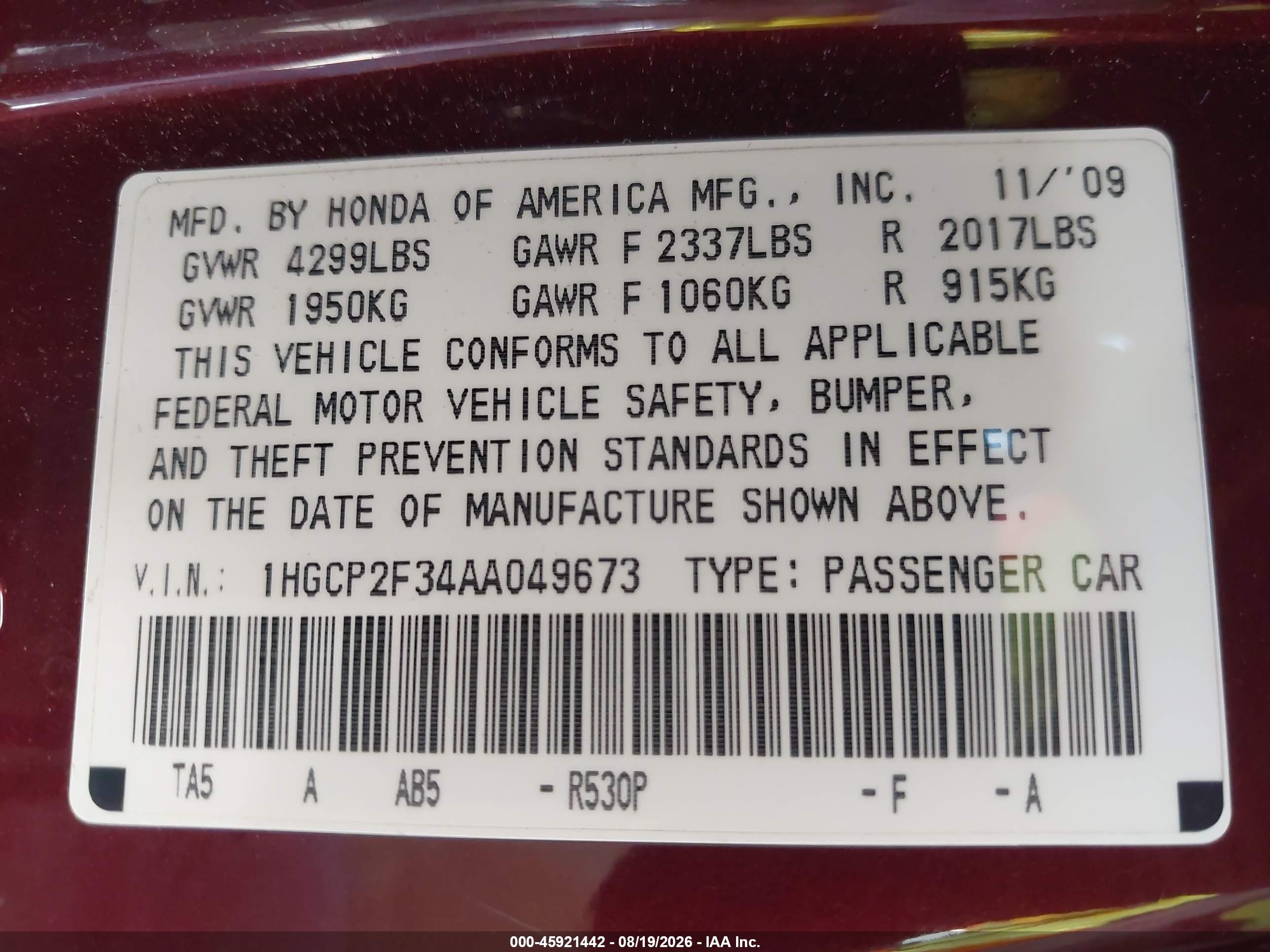 2010 Honda Accord 2.4 Lx Red vin: 1HGCP2F34AA049673