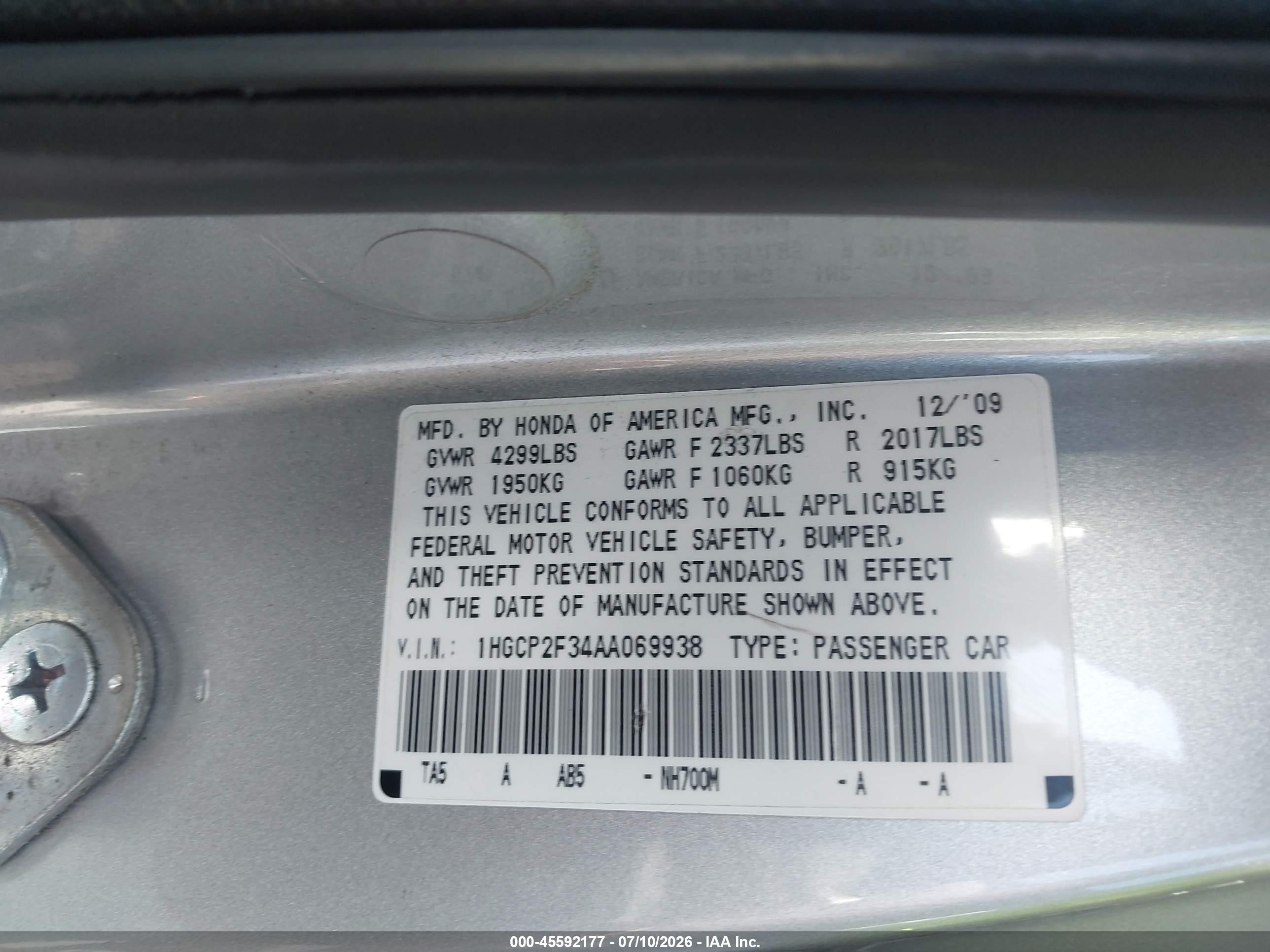 2010 Honda Accord 2.4 Lx Silver vin: 1HGCP2F34AA069938