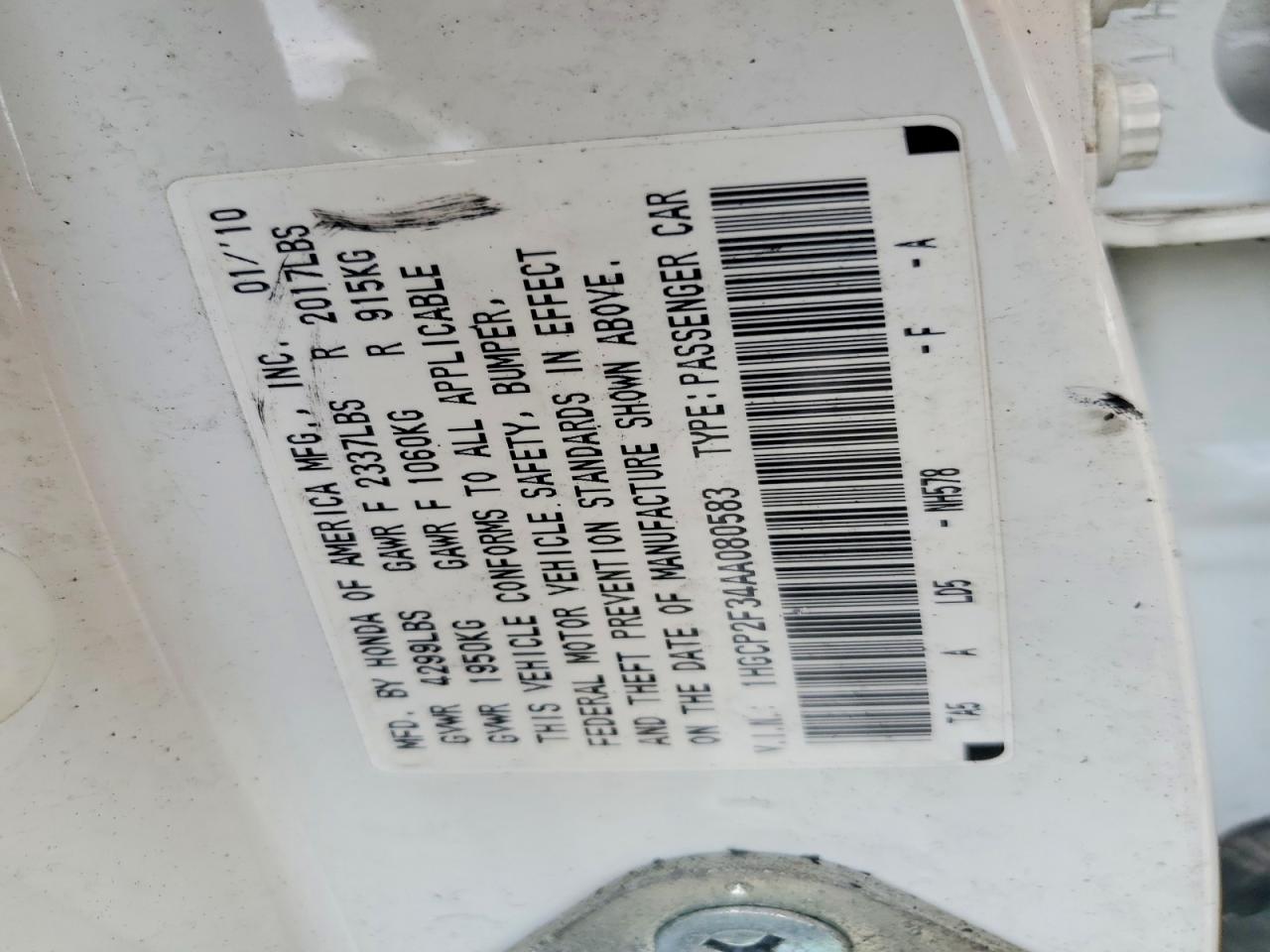 2010 Honda Accord Lx White vin: 1HGCP2F34AA080583