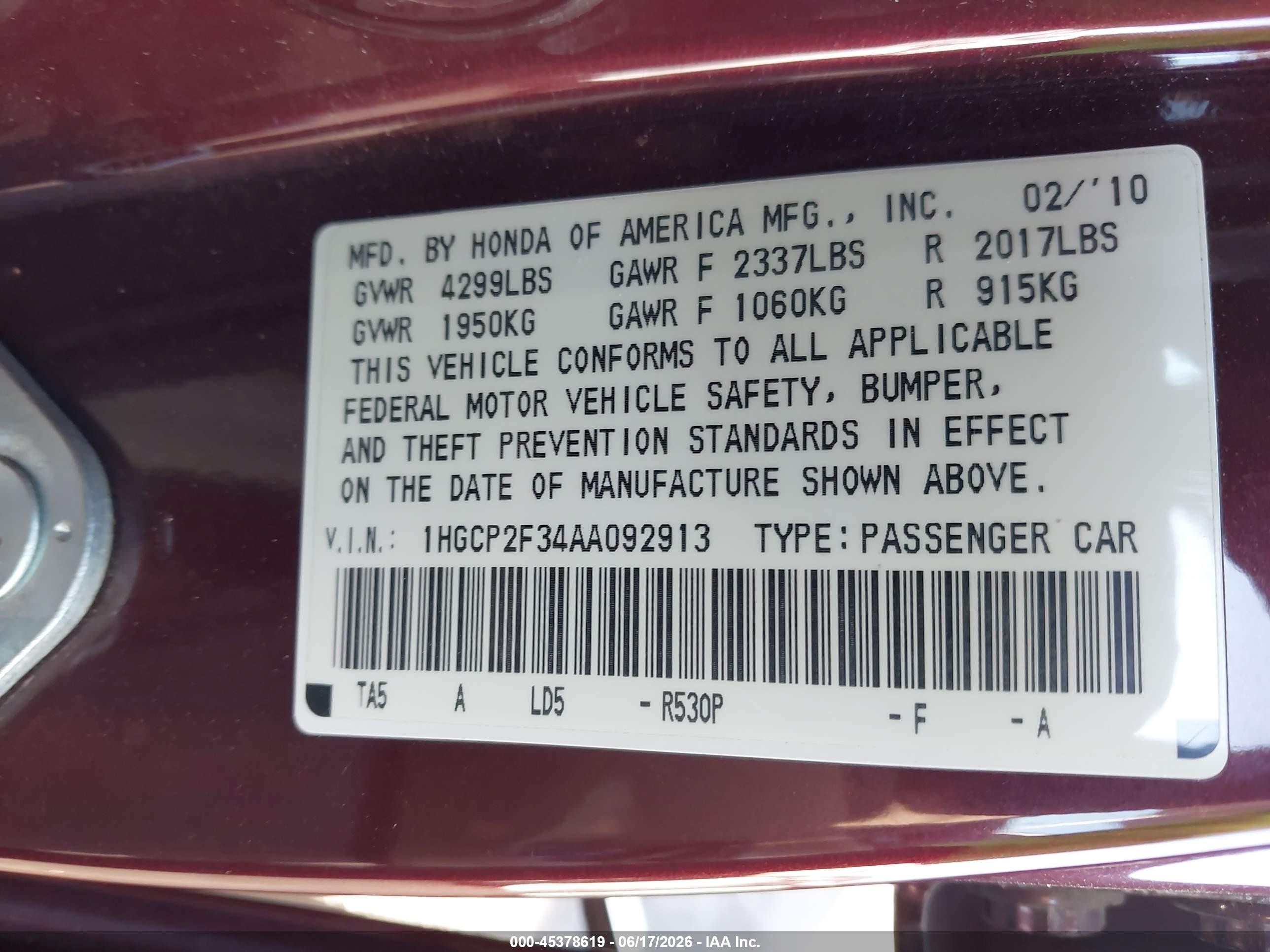 2010 Honda Accord 2.4 Lx Maroon vin: 1HGCP2F34AA092913