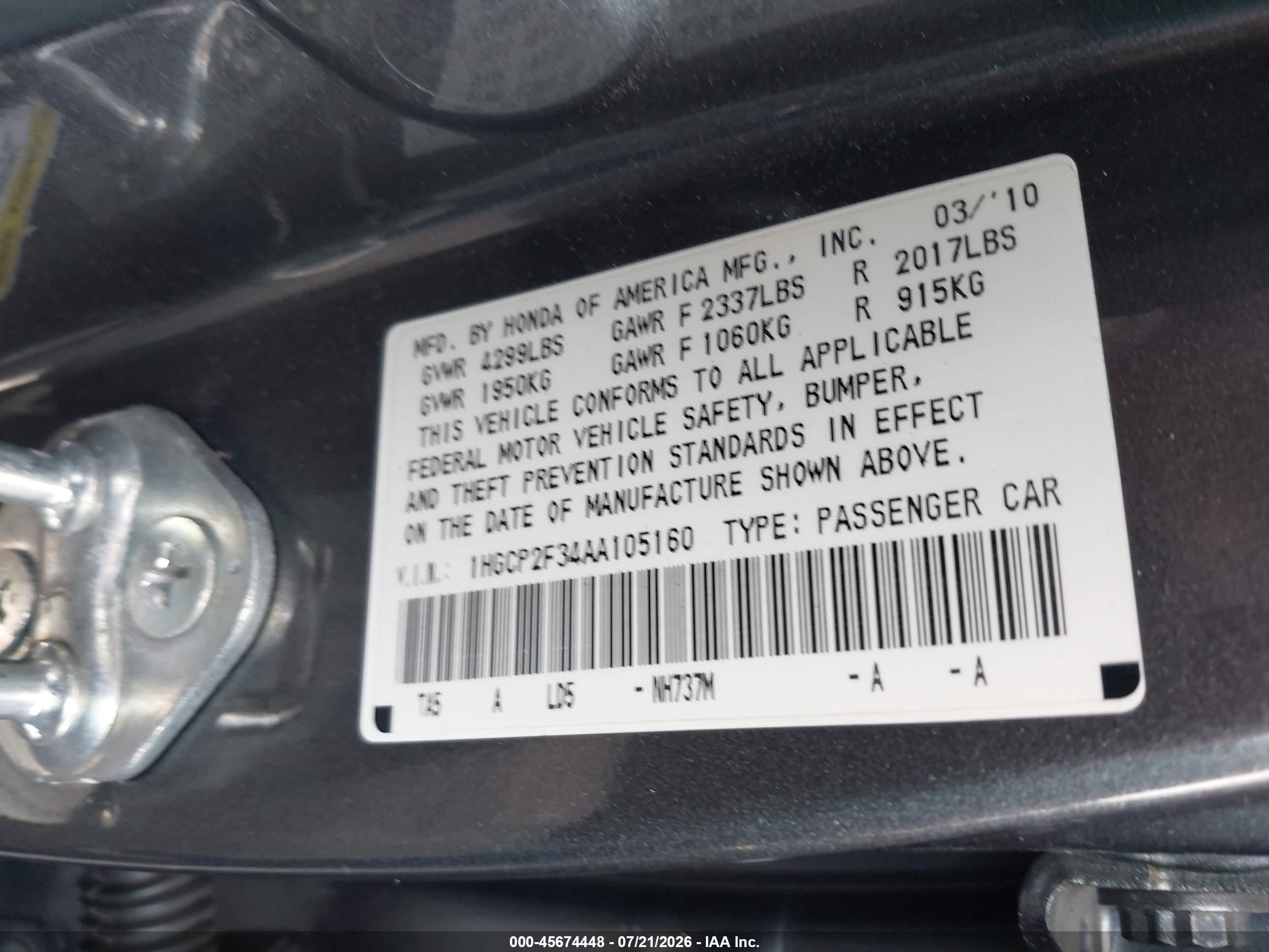2010 Honda Accord 2.4 Lx Gray vin: 1HGCP2F34AA105160