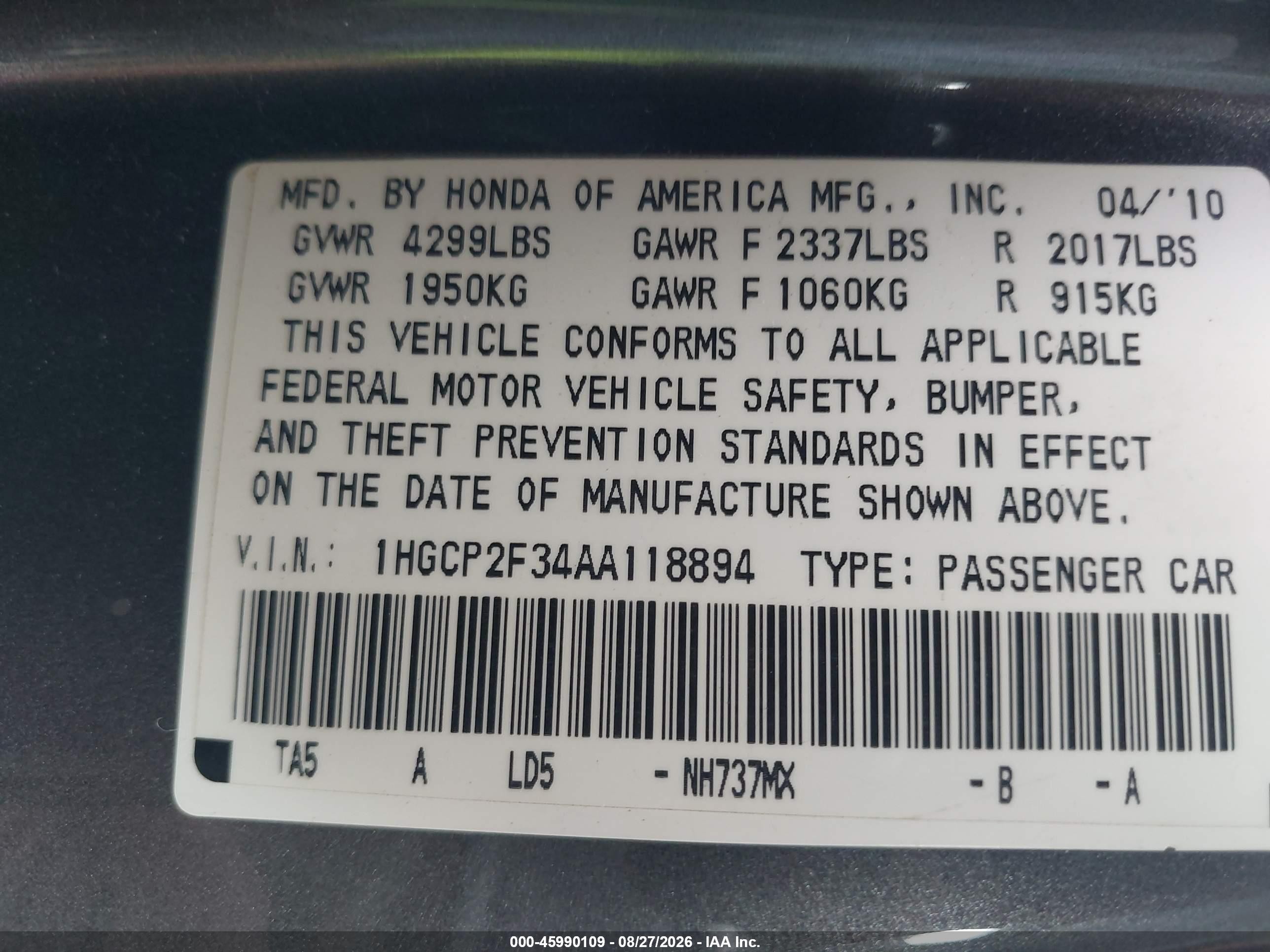 2010 Honda Accord 2.4 Lx Gray vin: 1HGCP2F34AA118894
