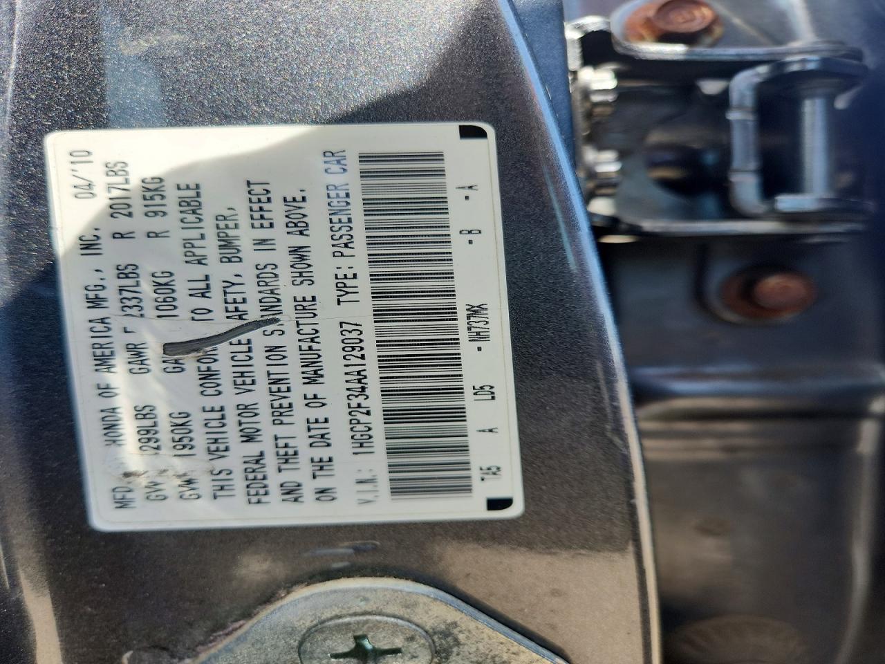 2010 Honda Accord Lx Gray vin: 1HGCP2F34AA129037