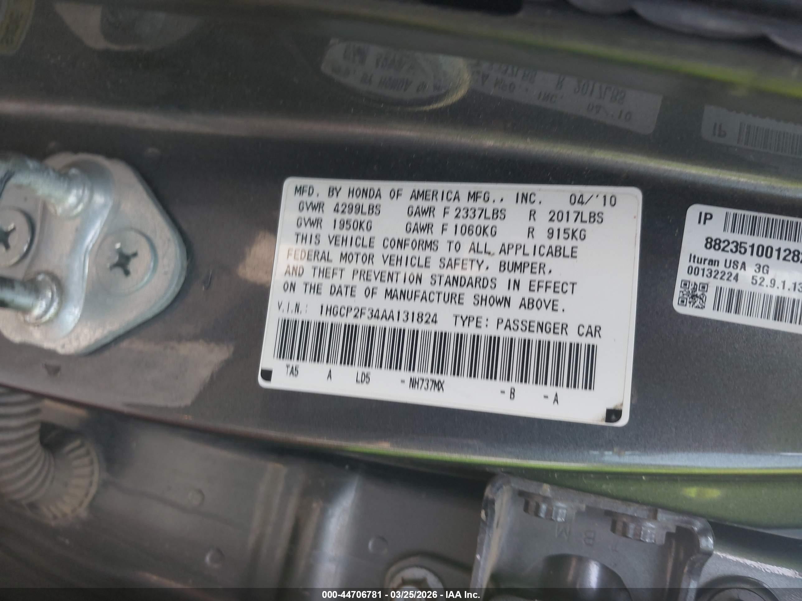 2010 Honda Accord 2.4 Lx Gray vin: 1HGCP2F34AA131824