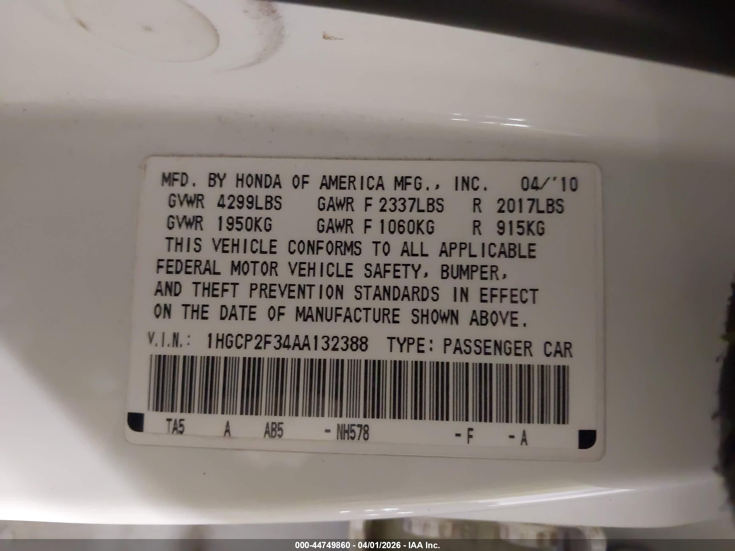 2010 Honda Accord 2.4 Lx White vin: 1HGCP2F34AA132388