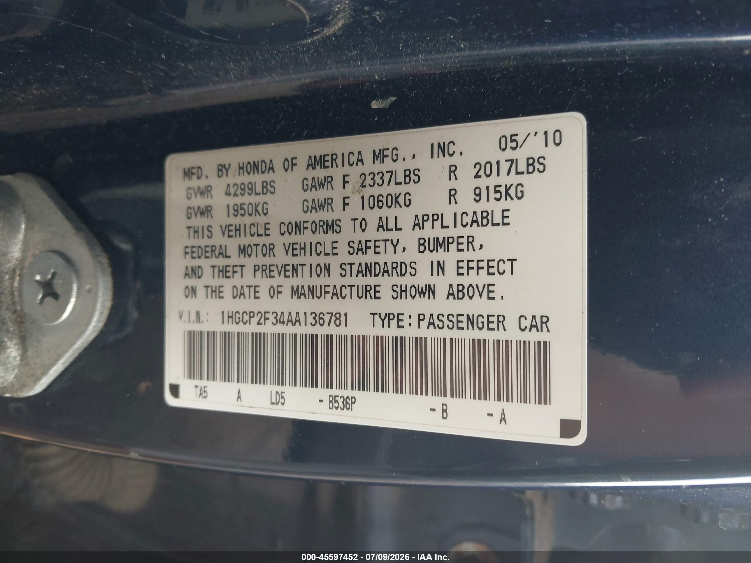 2010 Honda Accord 2.4 Lx Blue vin: 1HGCP2F34AA136781