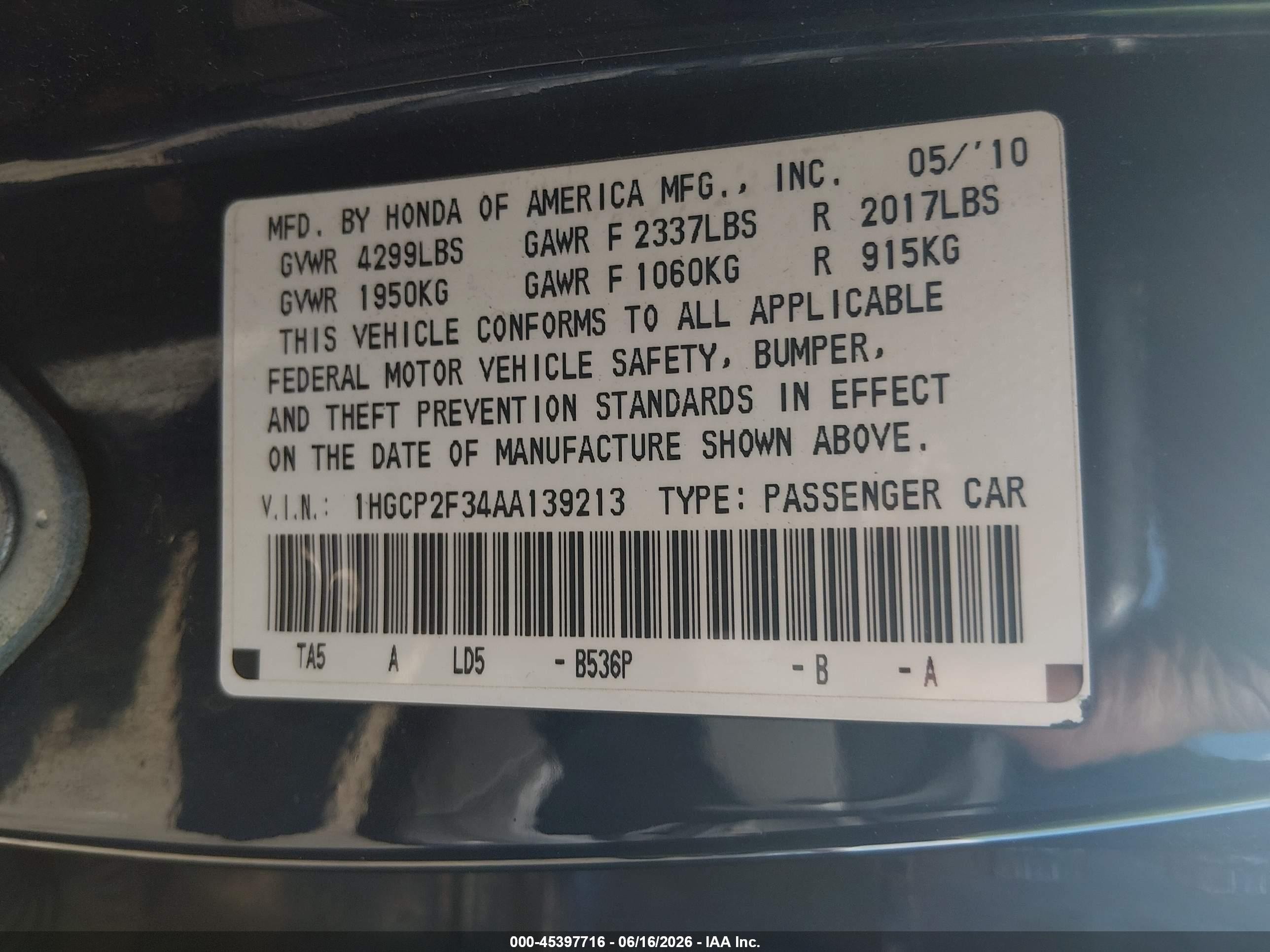 2010 Honda Accord 2.4 Lx Blue vin: 1HGCP2F34AA139213