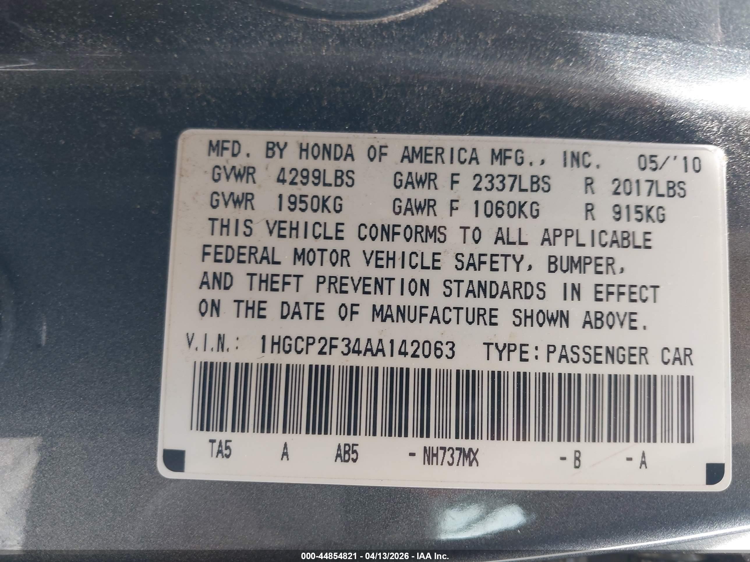 2010 Honda Accord 2.4 Lx Gray vin: 1HGCP2F34AA142063