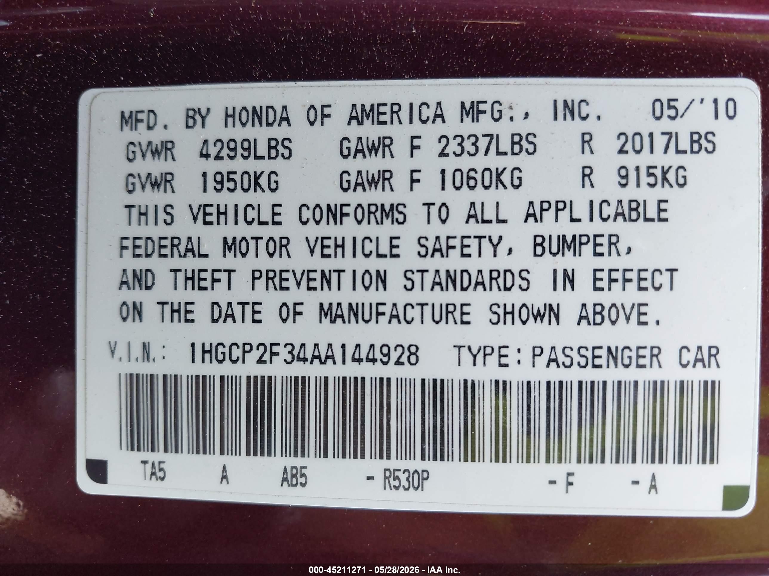 2010 Honda Accord 2.4 Lx Maroon vin: 1HGCP2F34AA144928