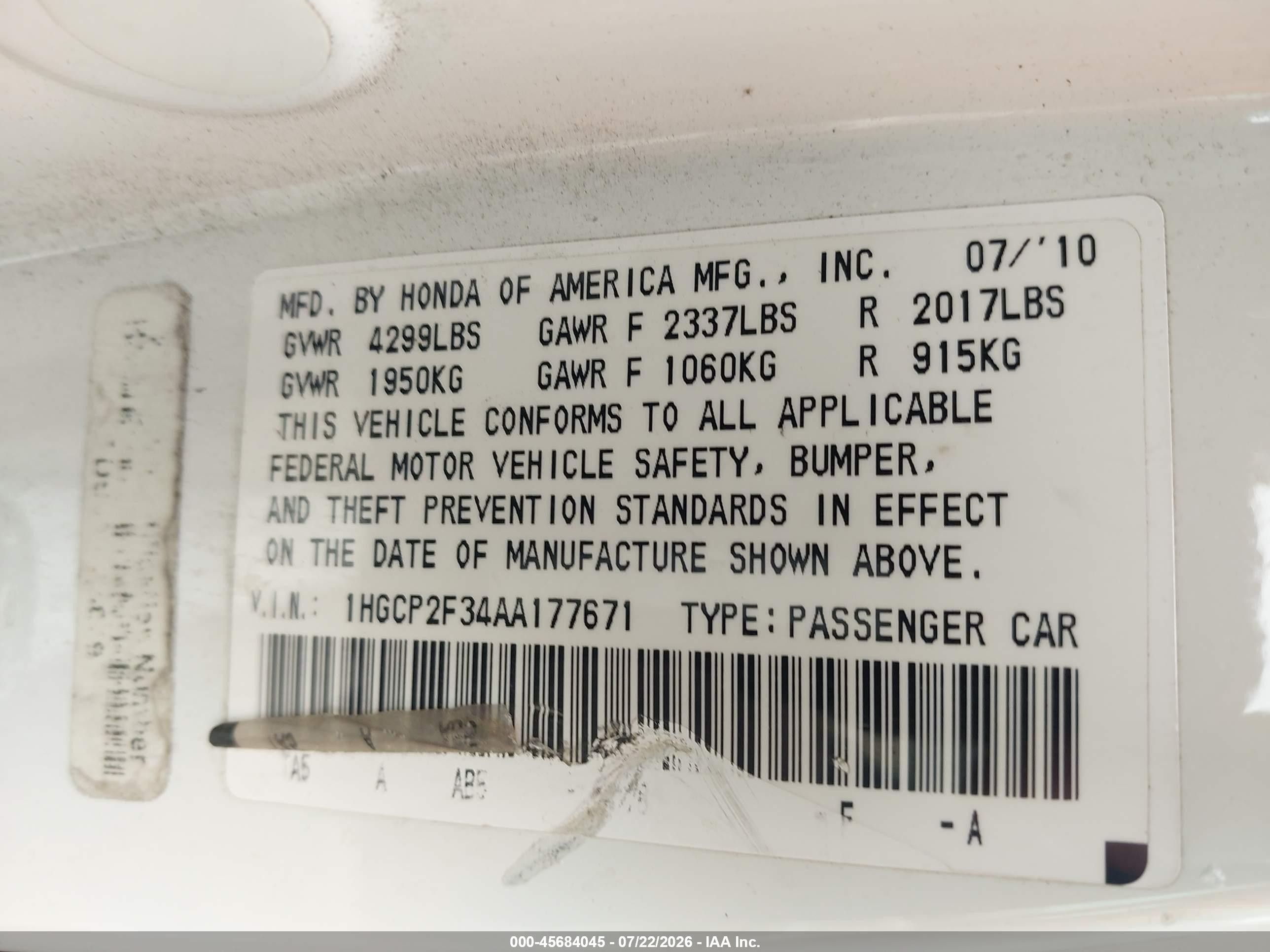 2010 Honda Accord 2.4 Lx White vin: 1HGCP2F34AA177671