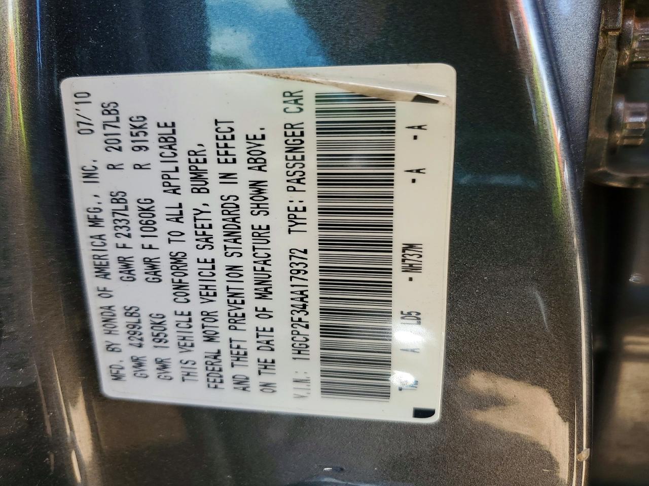 2010 Honda Accord Lx Gray vin: 1HGCP2F34AA179372